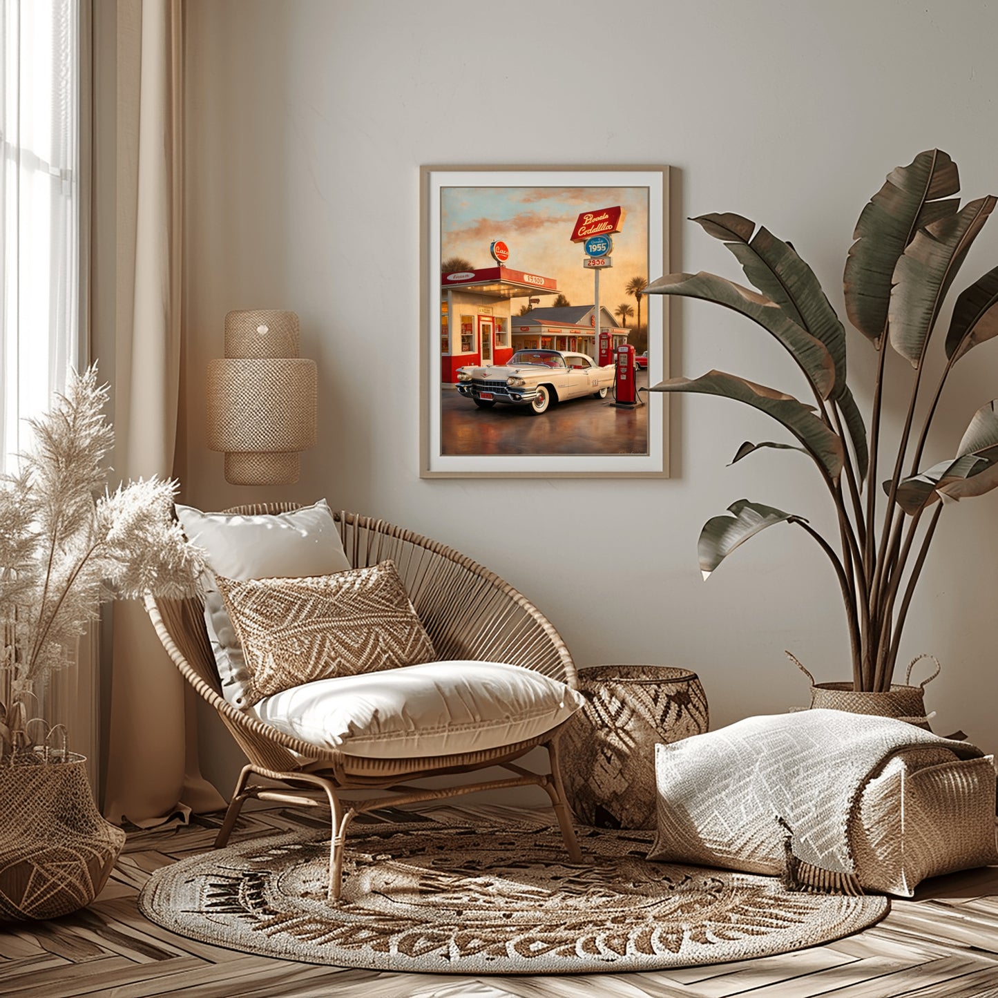 Retro car artwork for living room by AquilVision displayed in cozy modern living space