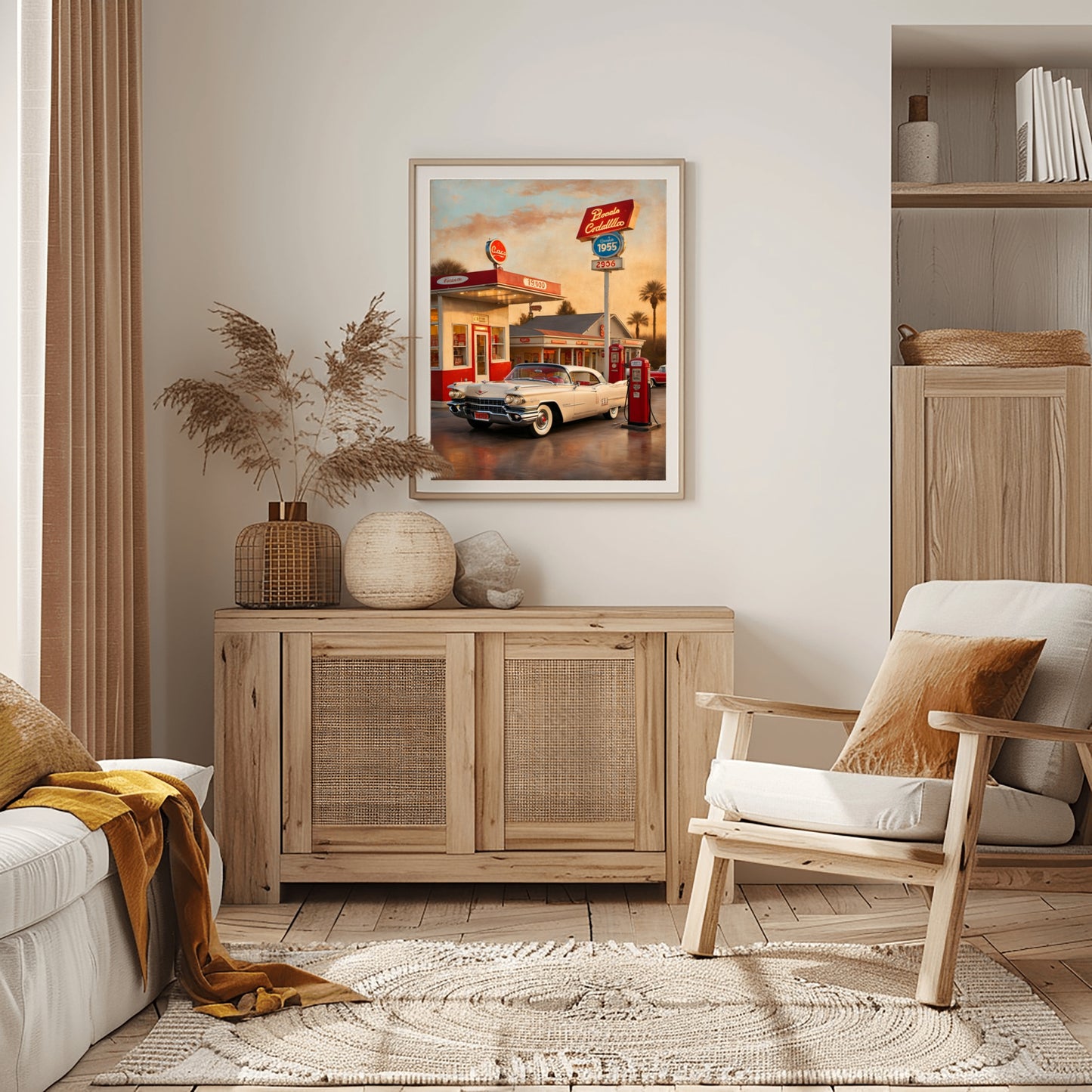 Retro car artwork for living room featuring vintage gas station and classic car in warm tones by AquilVision
