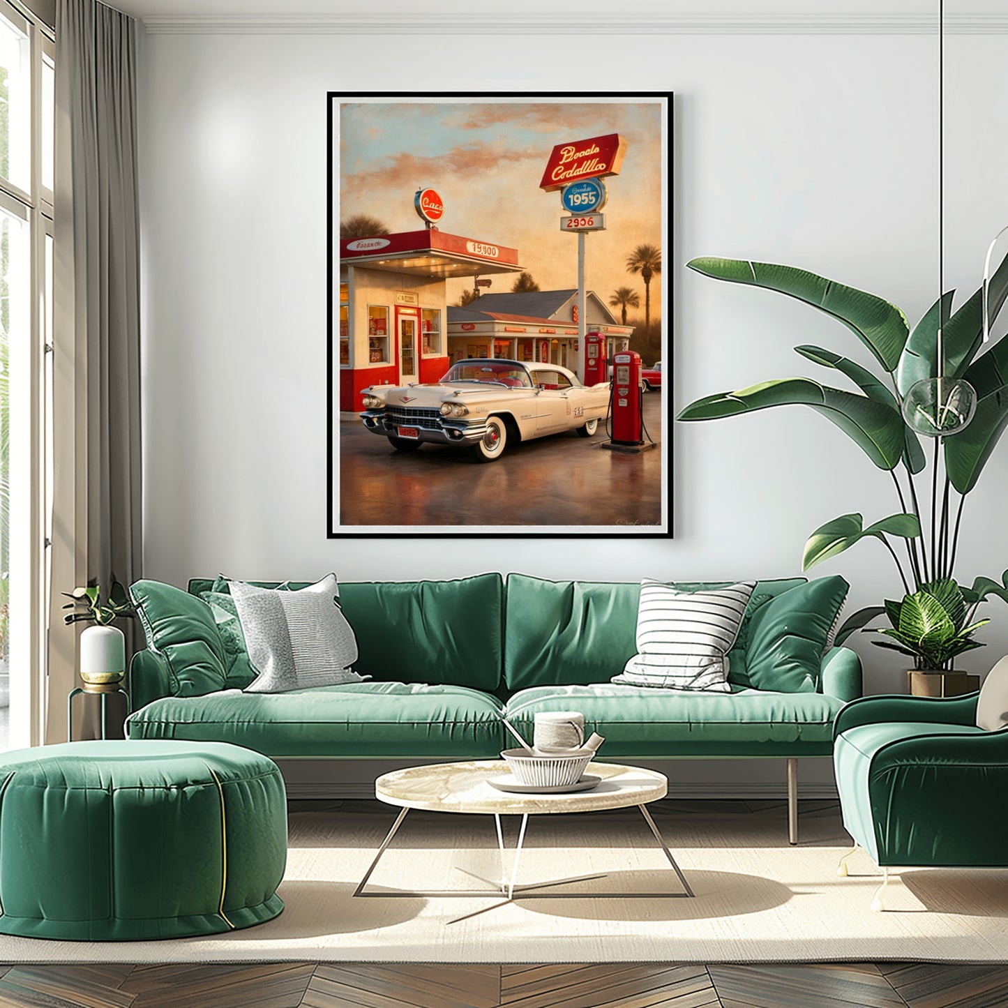 Retro car artwork for living room displayed above green sofa with modern decor