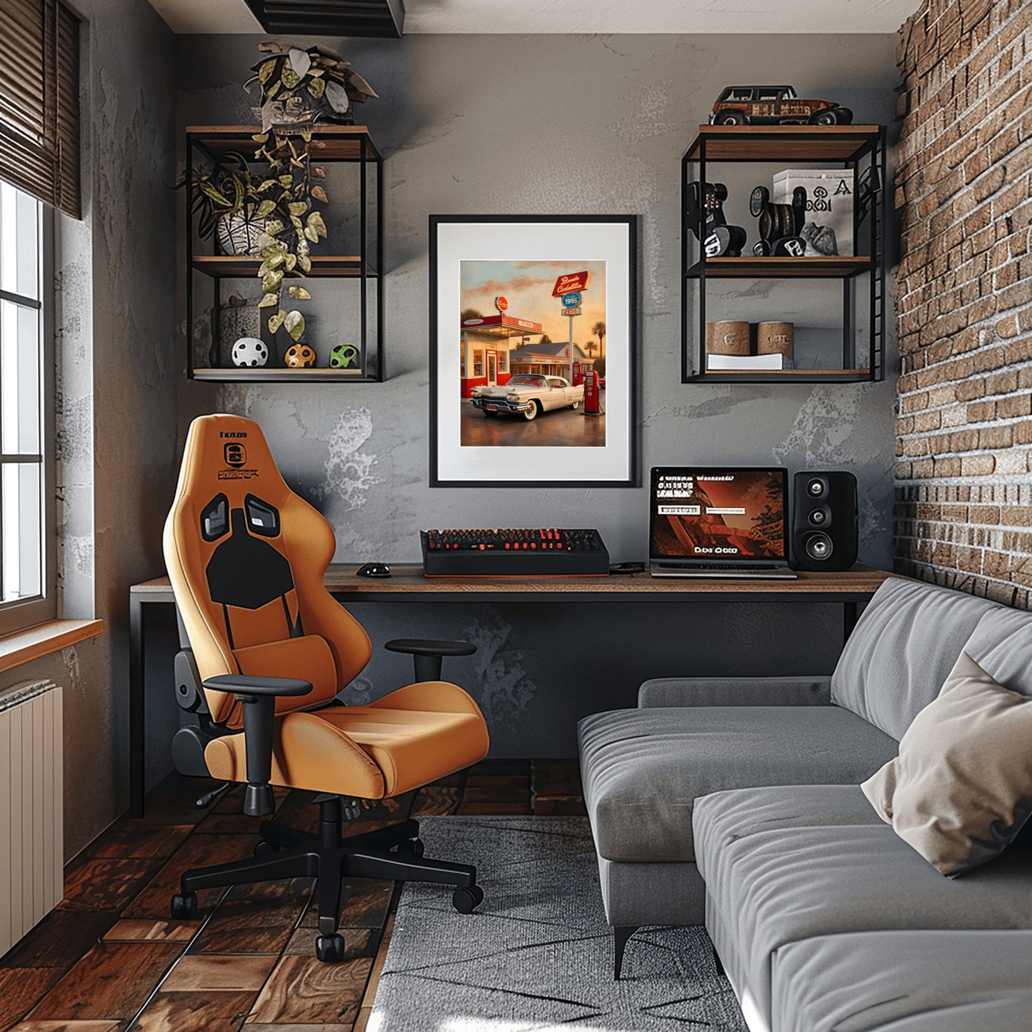Retro car artwork for living room displayed above a modern workspace with a gaming chair and gray sofa