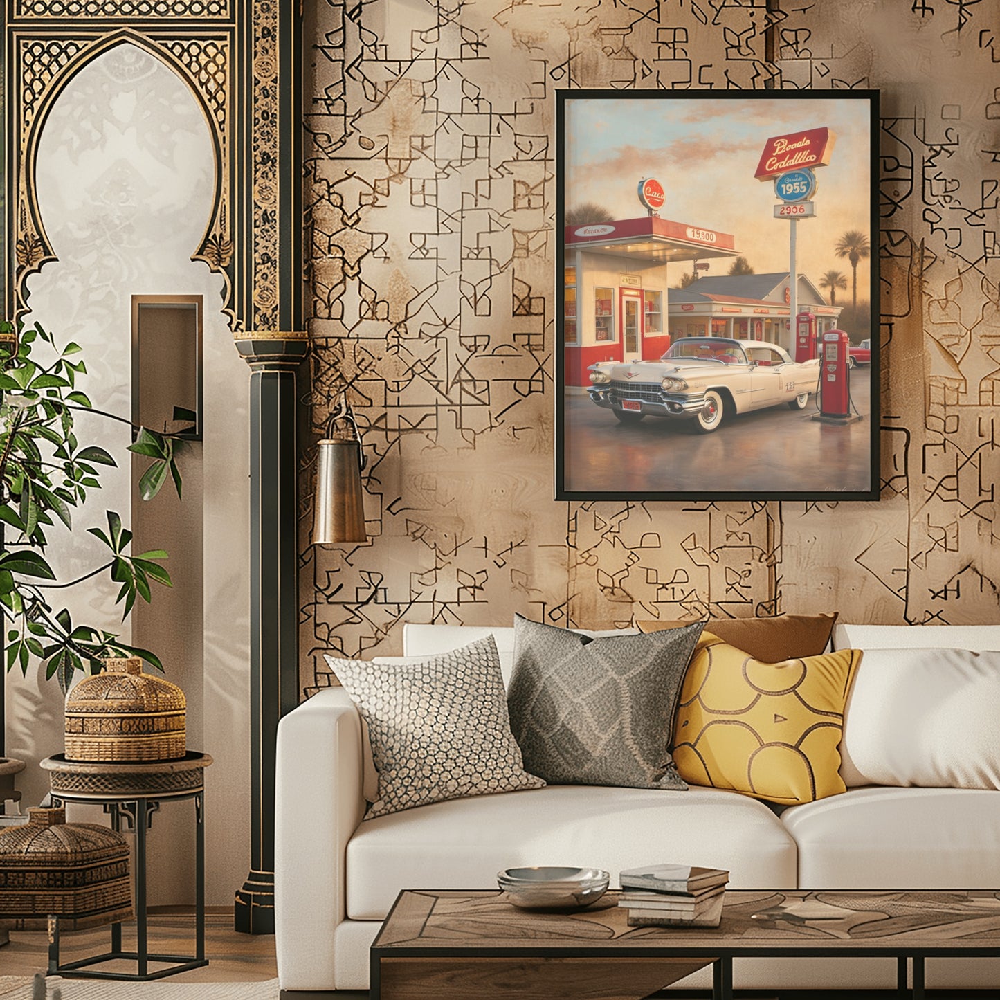 AquilVision retro car artwork for living room displayed above white sofa with decorative pillows