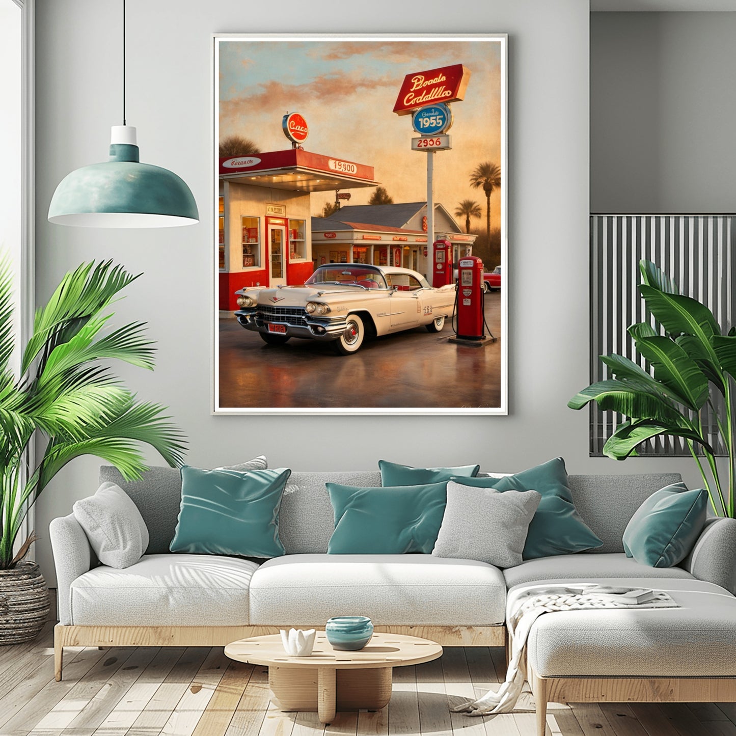 Retro car artwork for living room showing a vintage car at a classic gas station wall art digital print