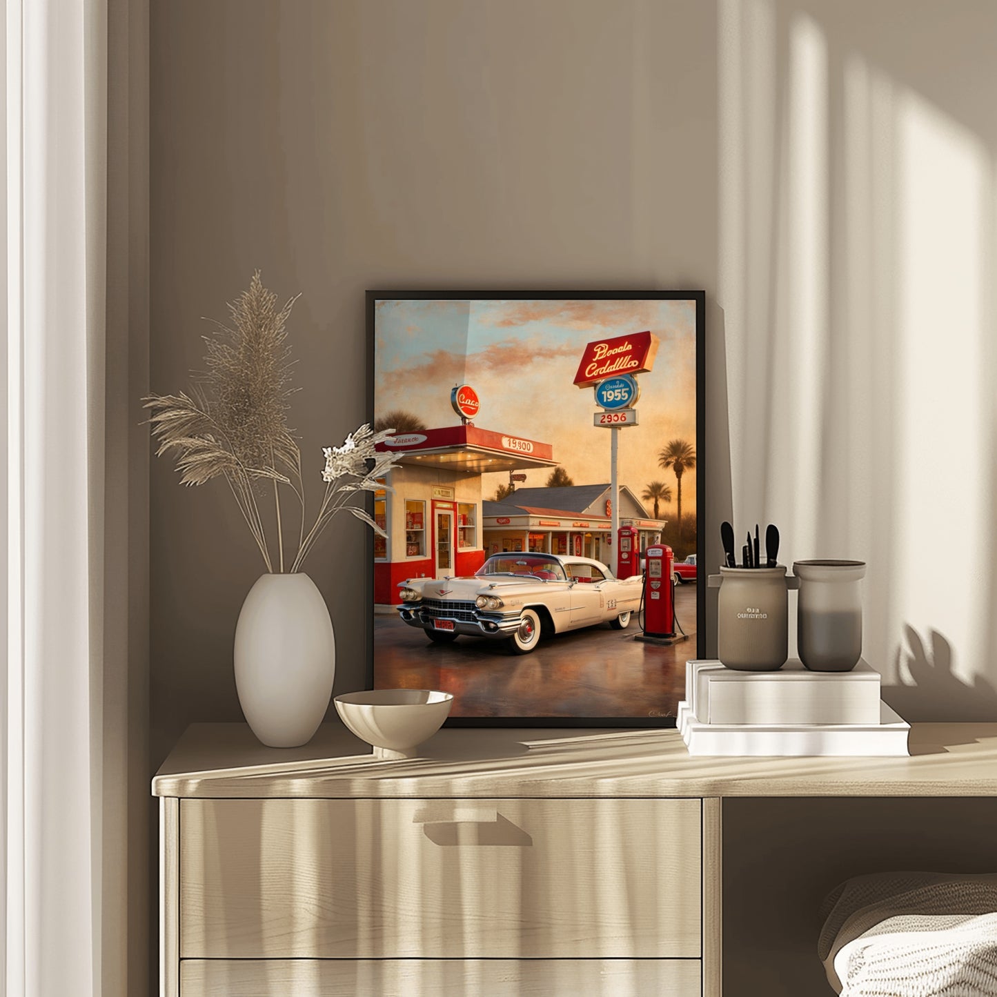 Retro car artwork for living room vintage gas station scene in a framed print on a wooden dresser