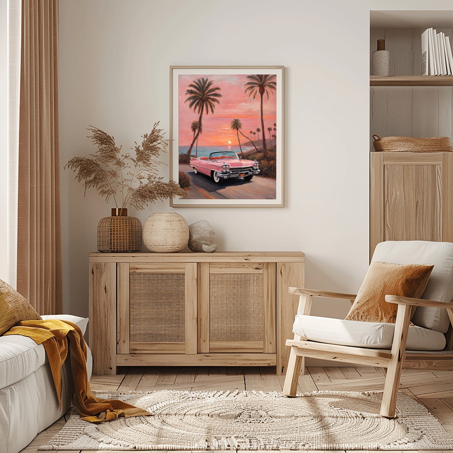 retro car beach sunset artwork framed on wall above wooden cabinet in cozy living room