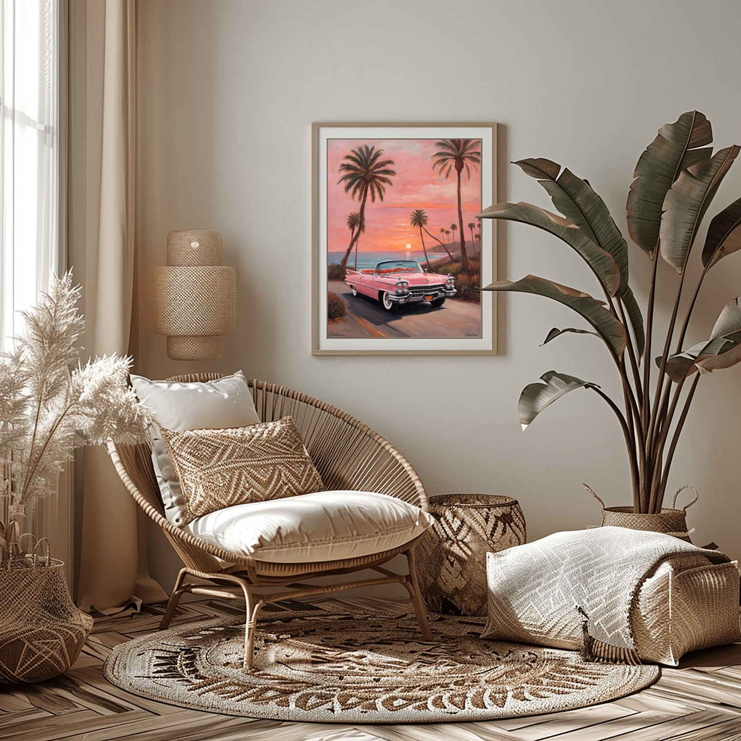 Retro car beach sunset artwork framed on wall in cozy boho living room with wicker chair and plants