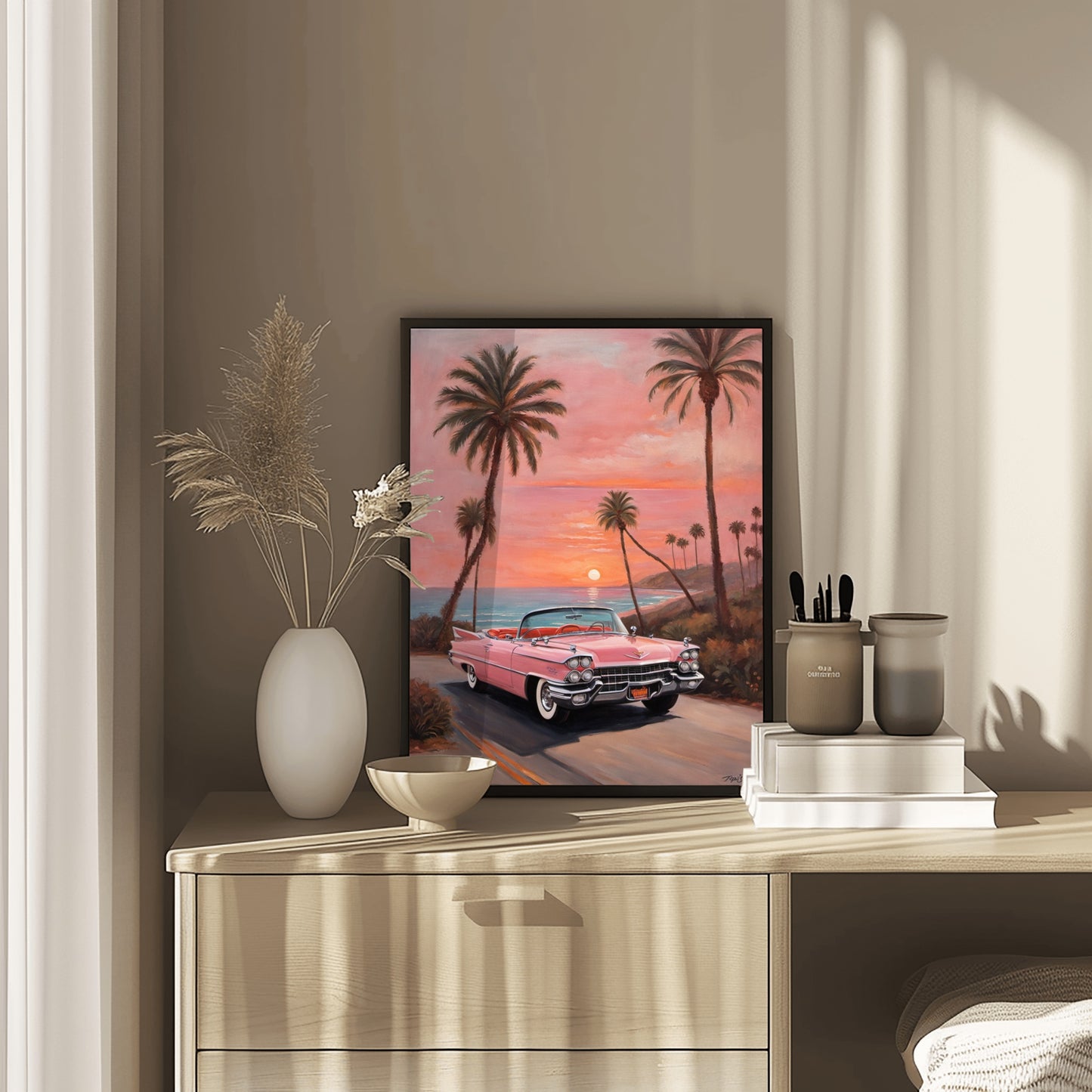 Retro car beach sunset artwork by AquilVision featuring a classic pink car with palm trees at sunset