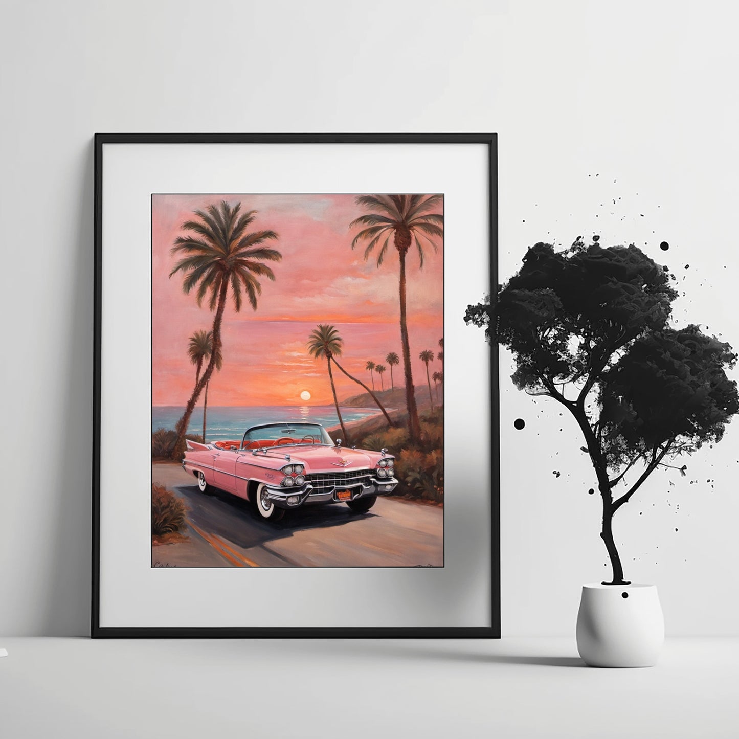 AquilVision retro car beach sunset artwork featuring a pink vintage car driving along a palm tree-lined coastal road at sunset