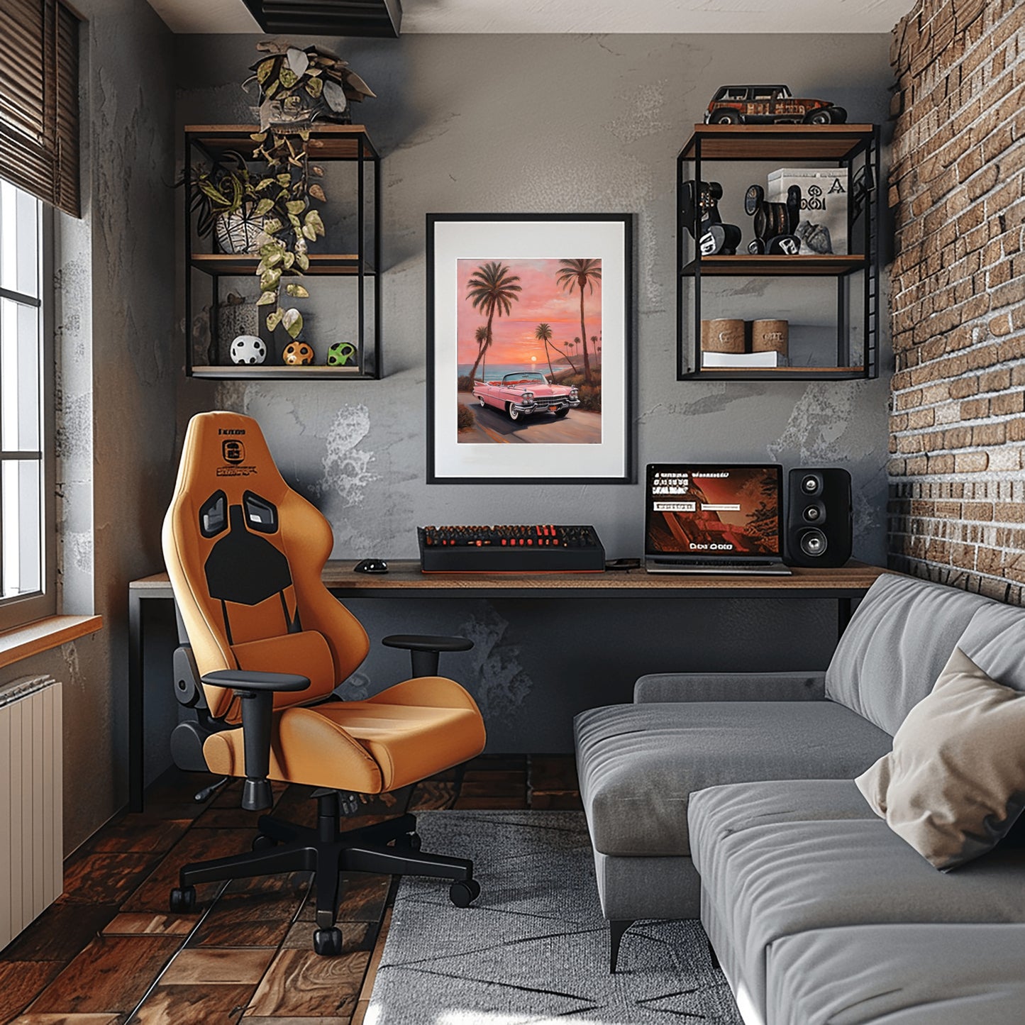 Home office with retro car beach sunset artwork framed on wall above desk with computer and orange office chair