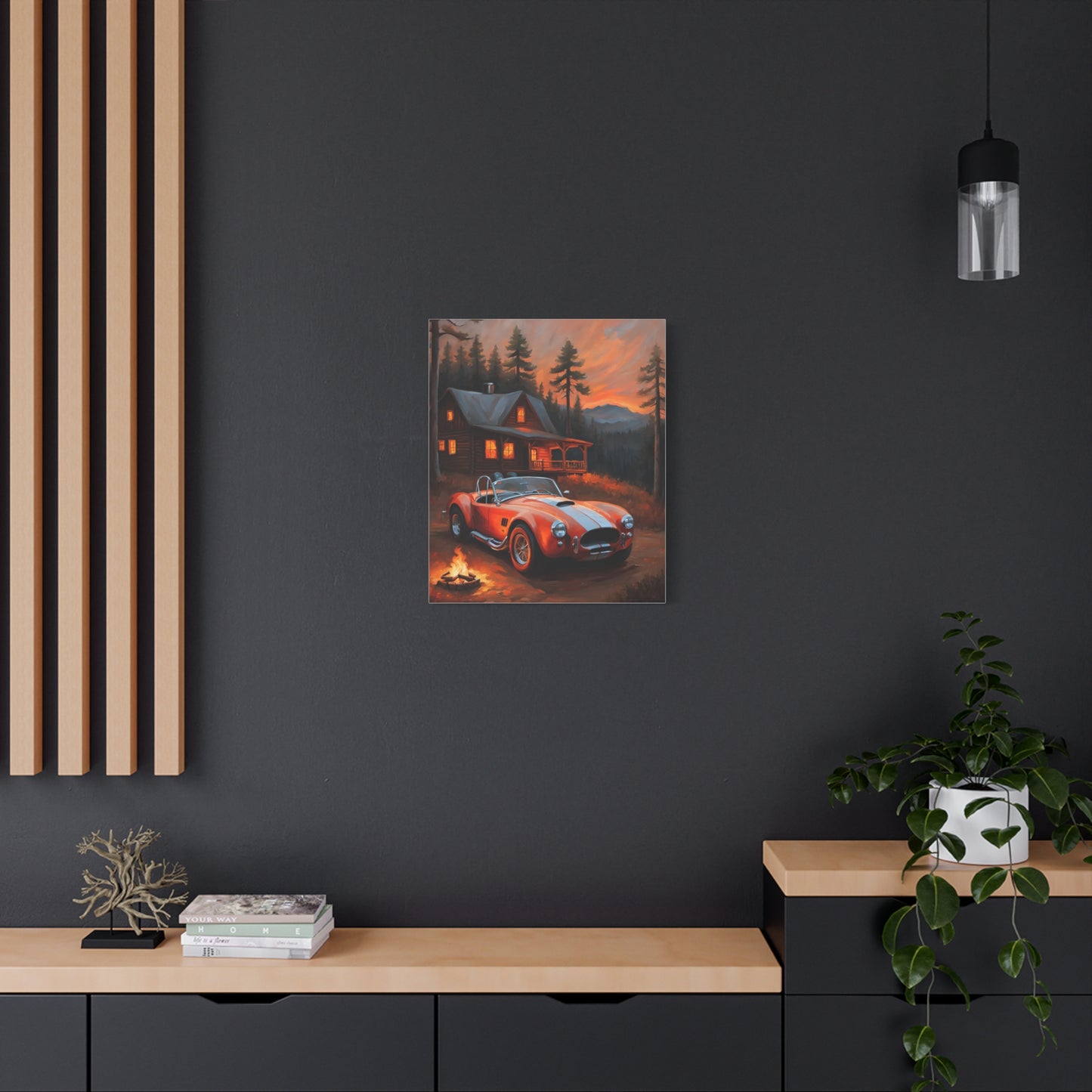 Retro Car Canvas featuring a vintage car in a warm, cozy setting with a cabin and trees