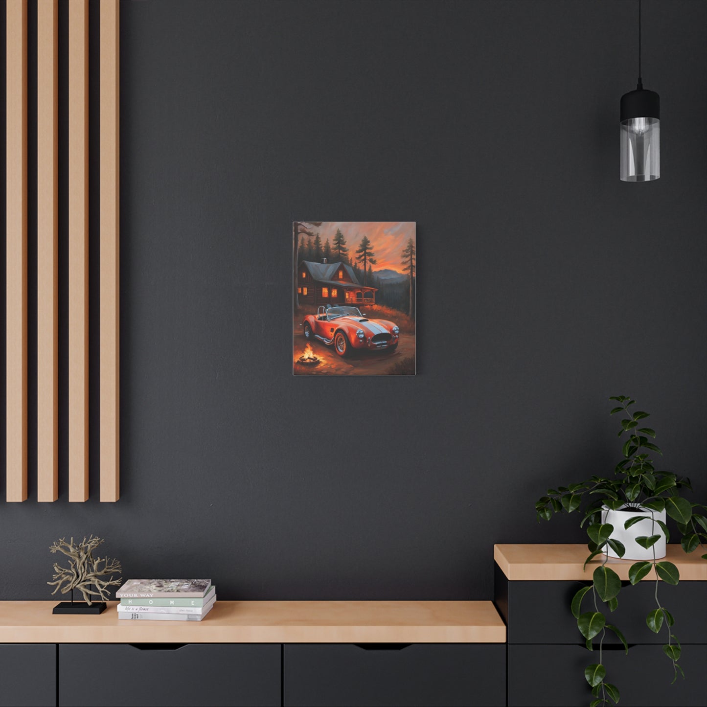 Retro Car Canvas featuring a classic car parked near a cozy cabin in autumn setting