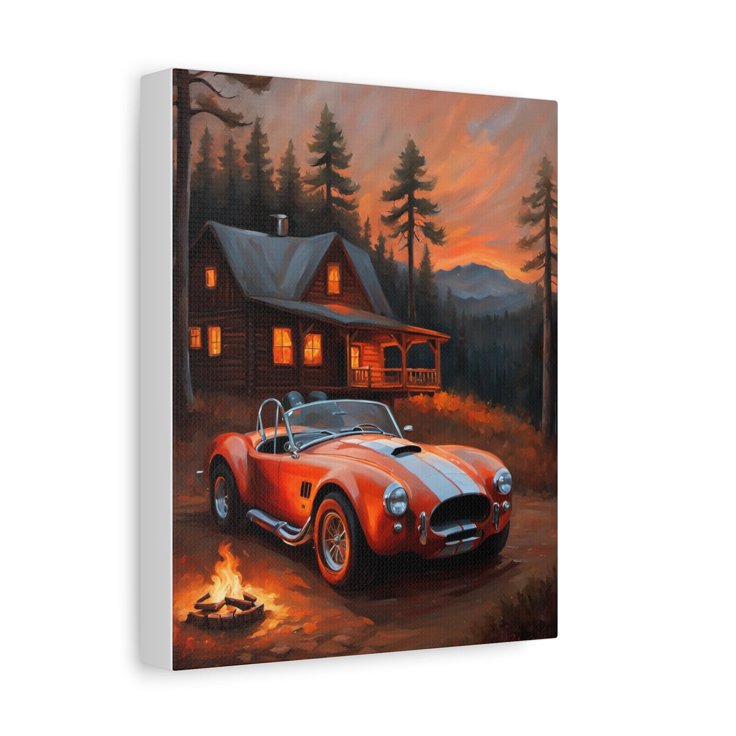 Retro Car Canvas featuring a red vintage sports car near a cabin at sunset