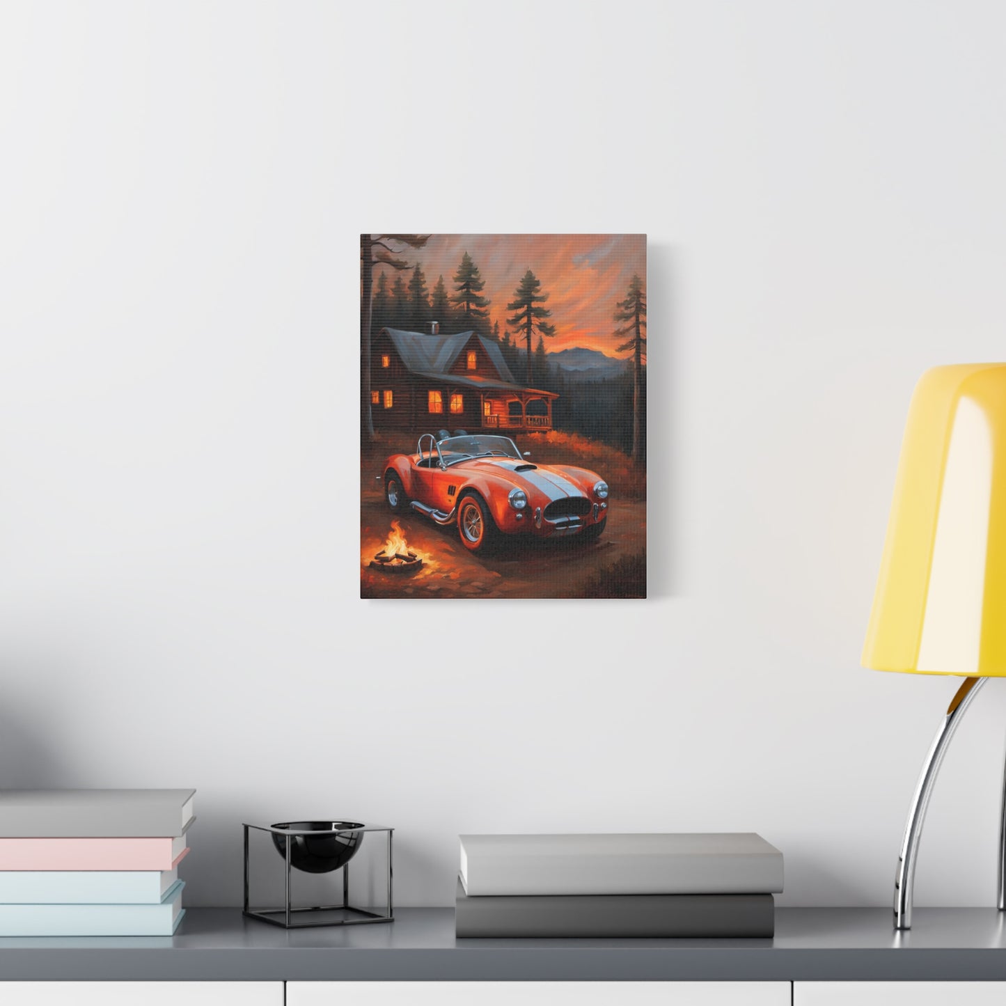 Retro Car Canvas featuring a classic car parked near a cabin at sunset, ideal for vintage decor