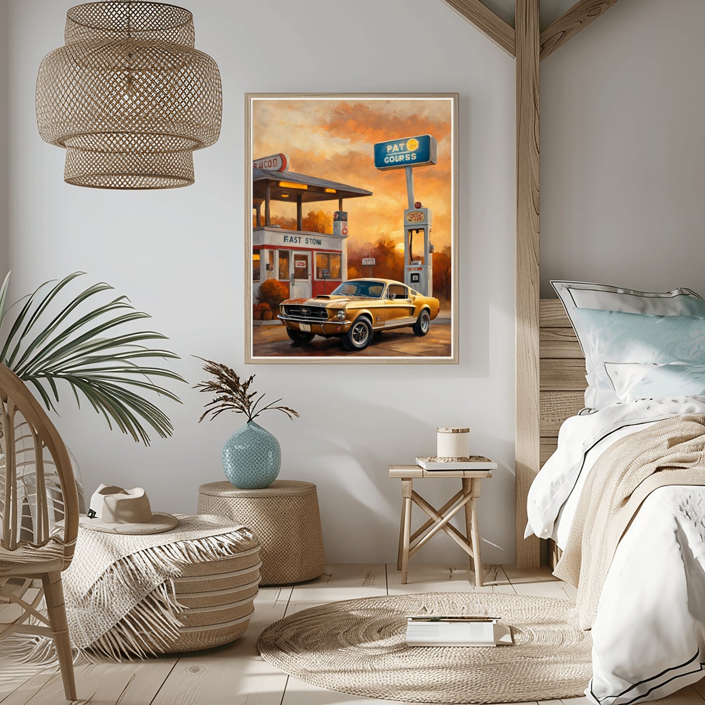 Retro car decor for living room featuring vintage gas station and classic yellow car digital art print