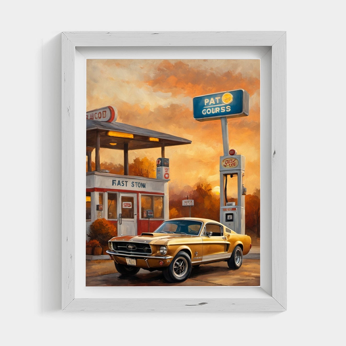 Framed digital retro car decor for living room showing a classic yellow car at a vintage gas station during sunset