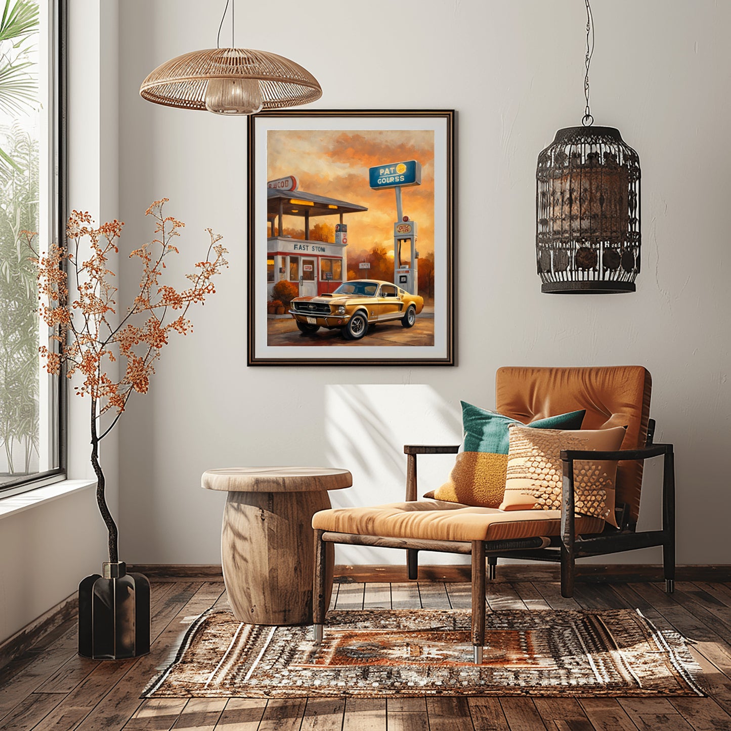 Retro car decor for living room featuring framed vintage car art above a cozy chair and wooden stool
