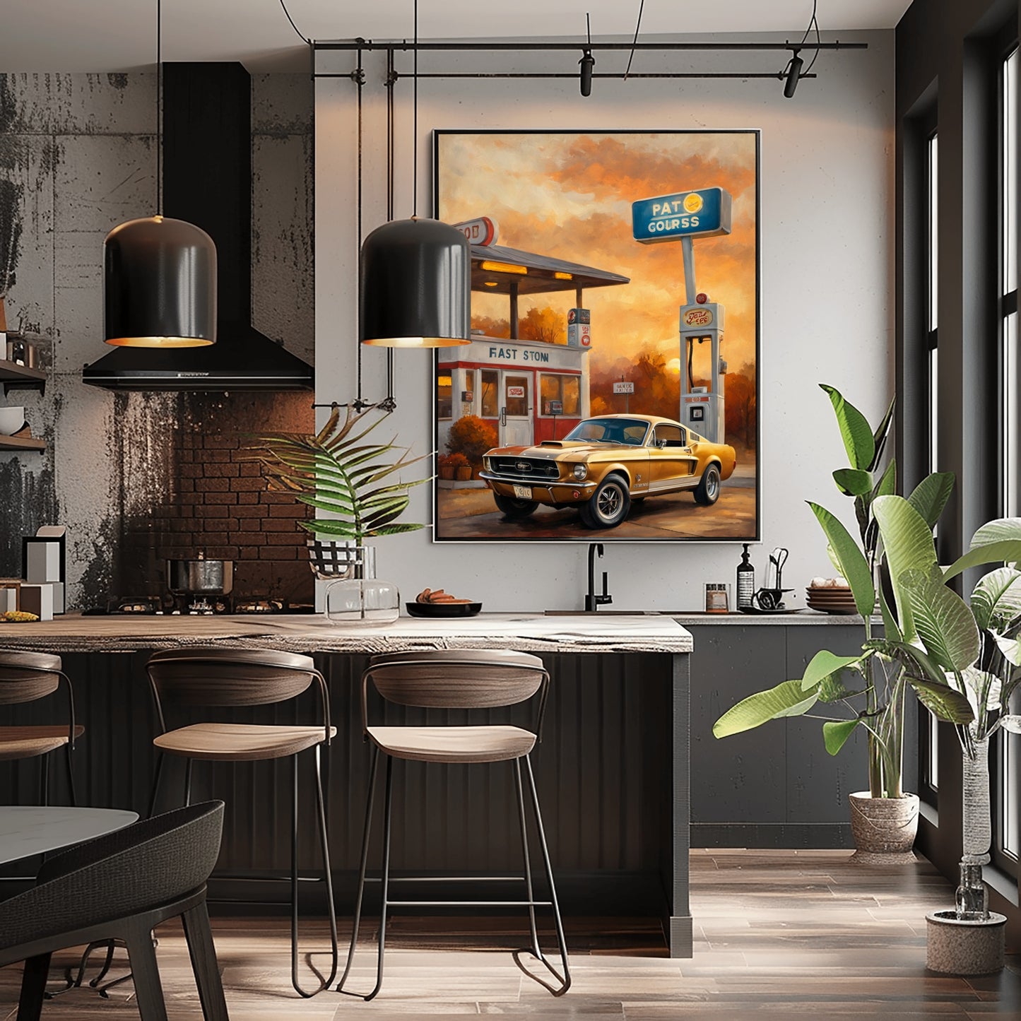 Retro car decor for living room featuring a vintage yellow car at a gas station printed artwork in modern kitchen