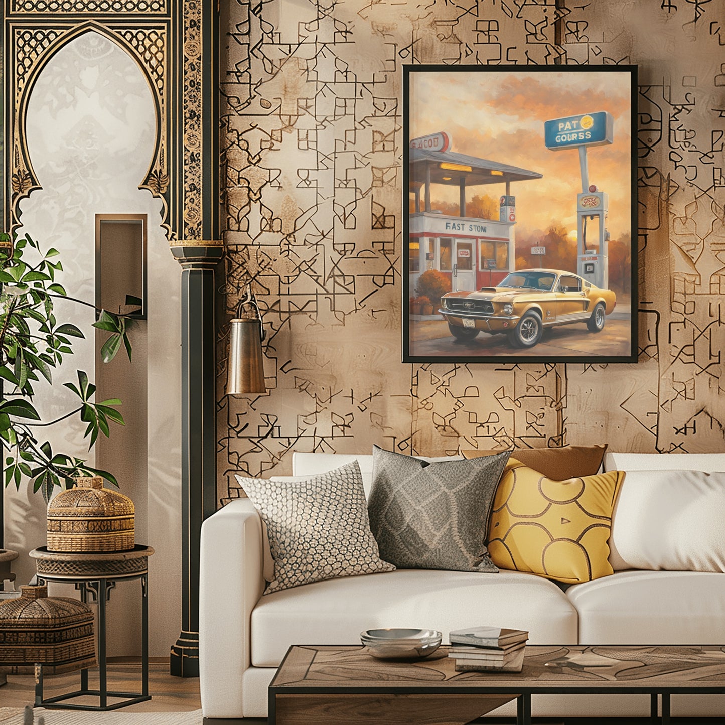 Retro car decor for living room displayed as a framed vintage car painting above a white sofa