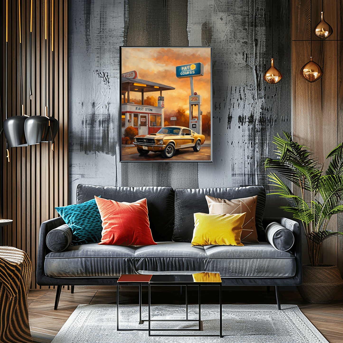 Retro car decor for living room with vintage car painting above modern gray sofa with colorful pillows