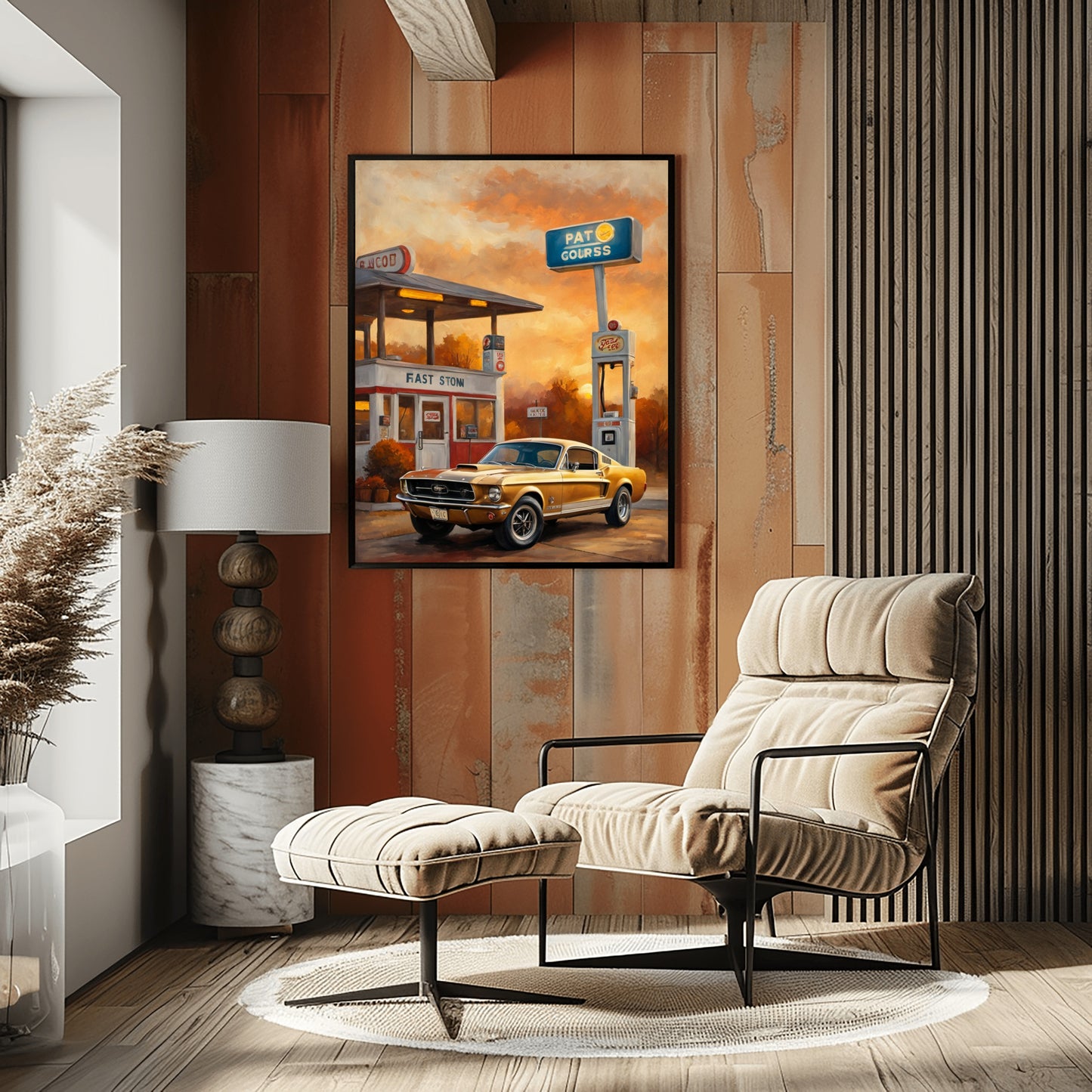 Retro car decor for living room featuring a vintage car painting on wood panel wall with modern lounge chair