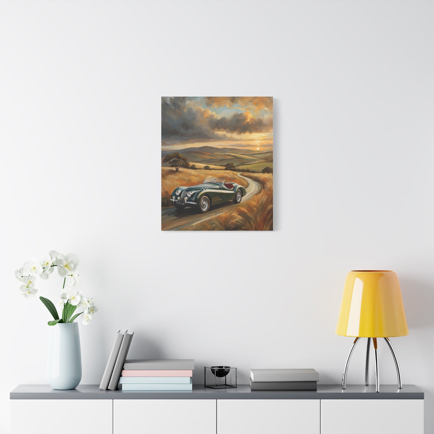 Retro Car Wall Art featuring a classic car driving through a scenic countryside landscape