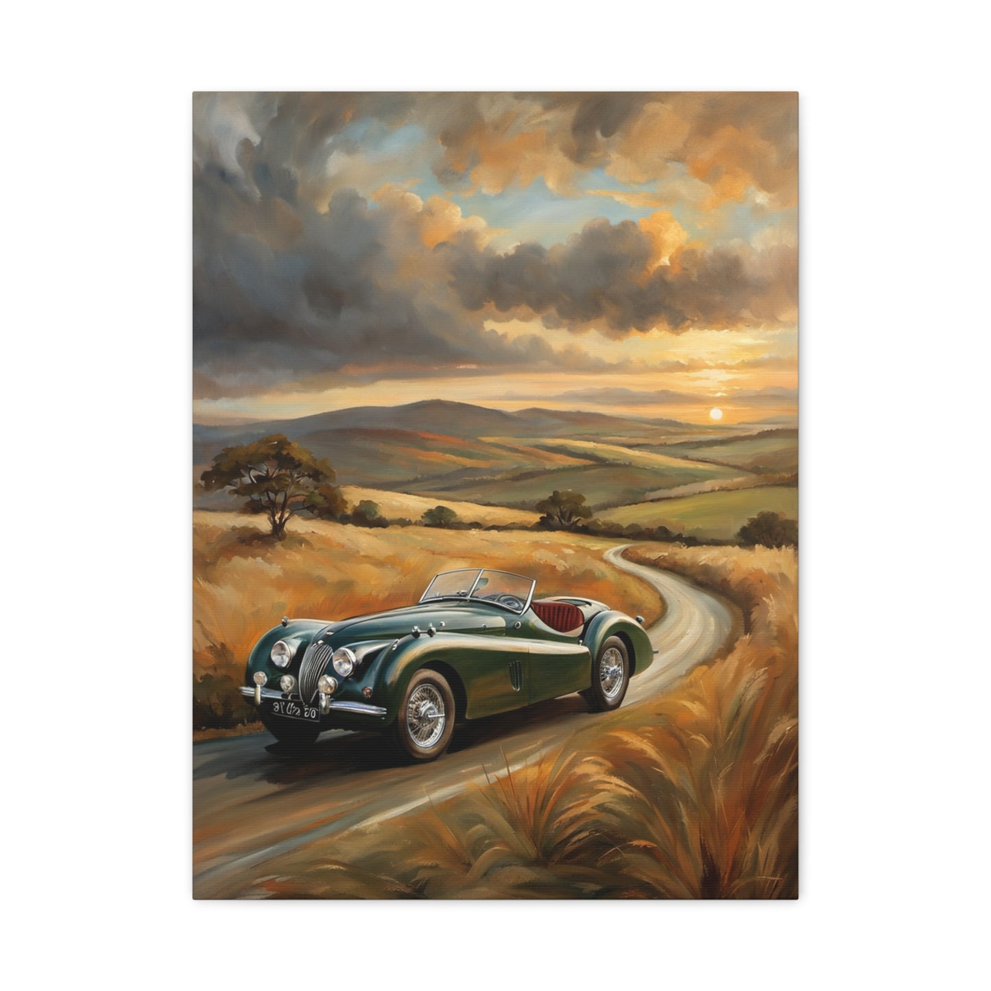 Retro Car Wall Art featuring a classic green convertible driving on a scenic road during sunset
