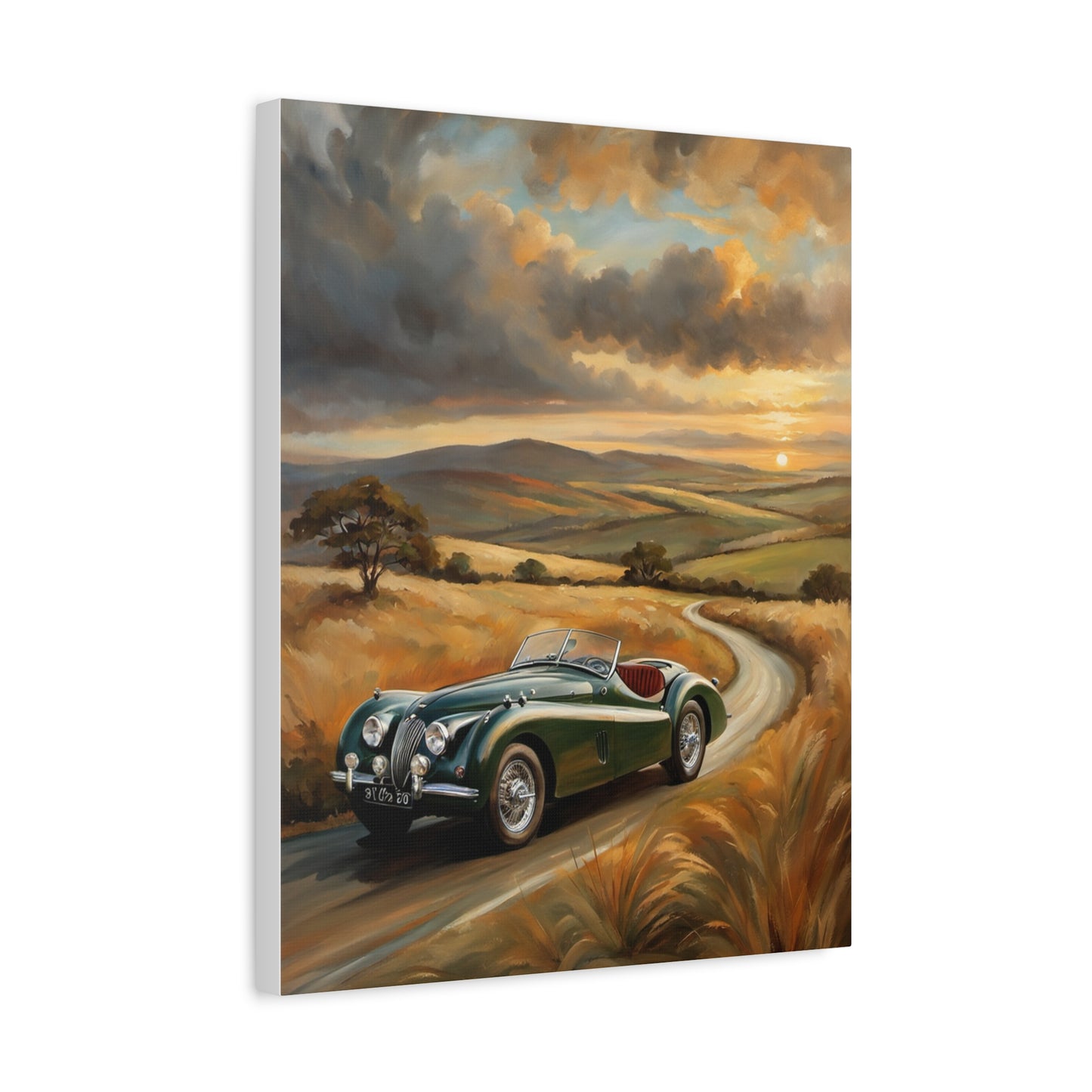 Vintage green retro car wall art featuring a classic car driving on a scenic road