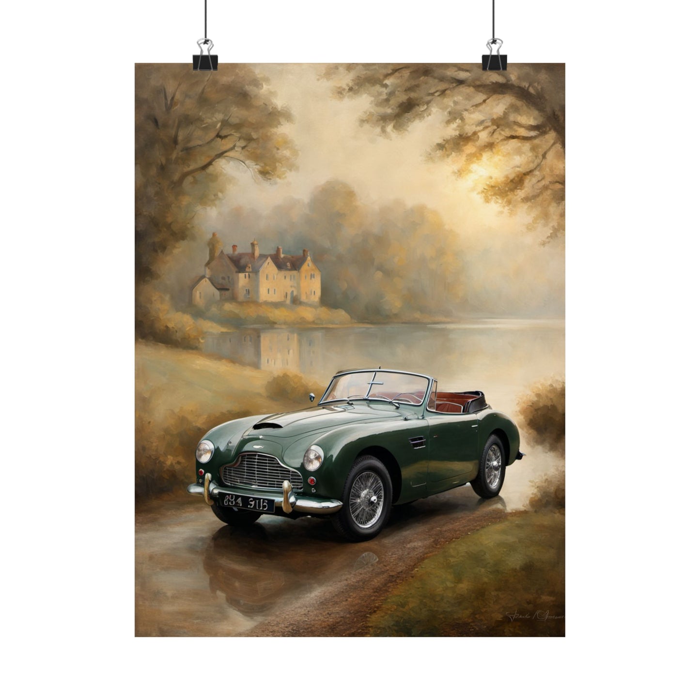 Retro Car Wall Decor featuring a green convertible parked by a serene lakeside with vintage houses in the background