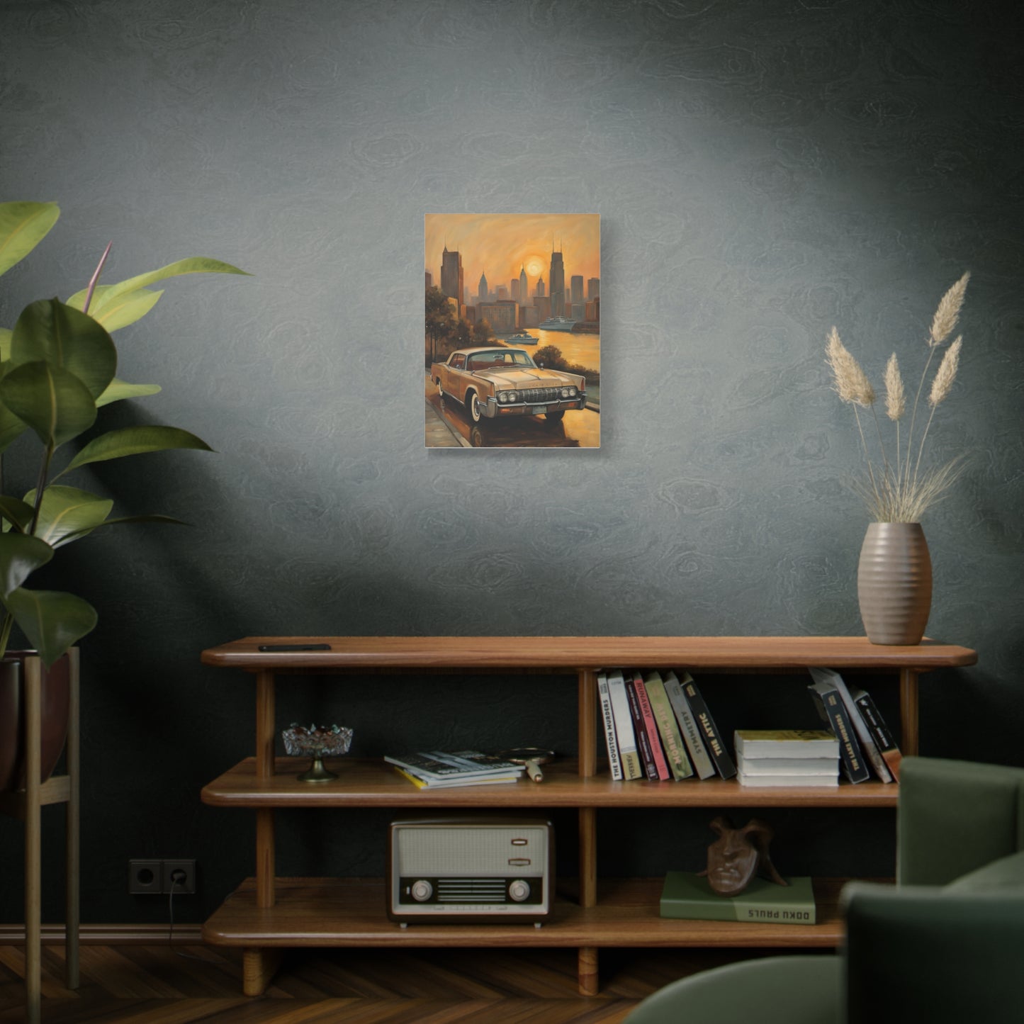 Retro Cityscape Canvas Art Print featuring a vintage car against a skyline backdrop