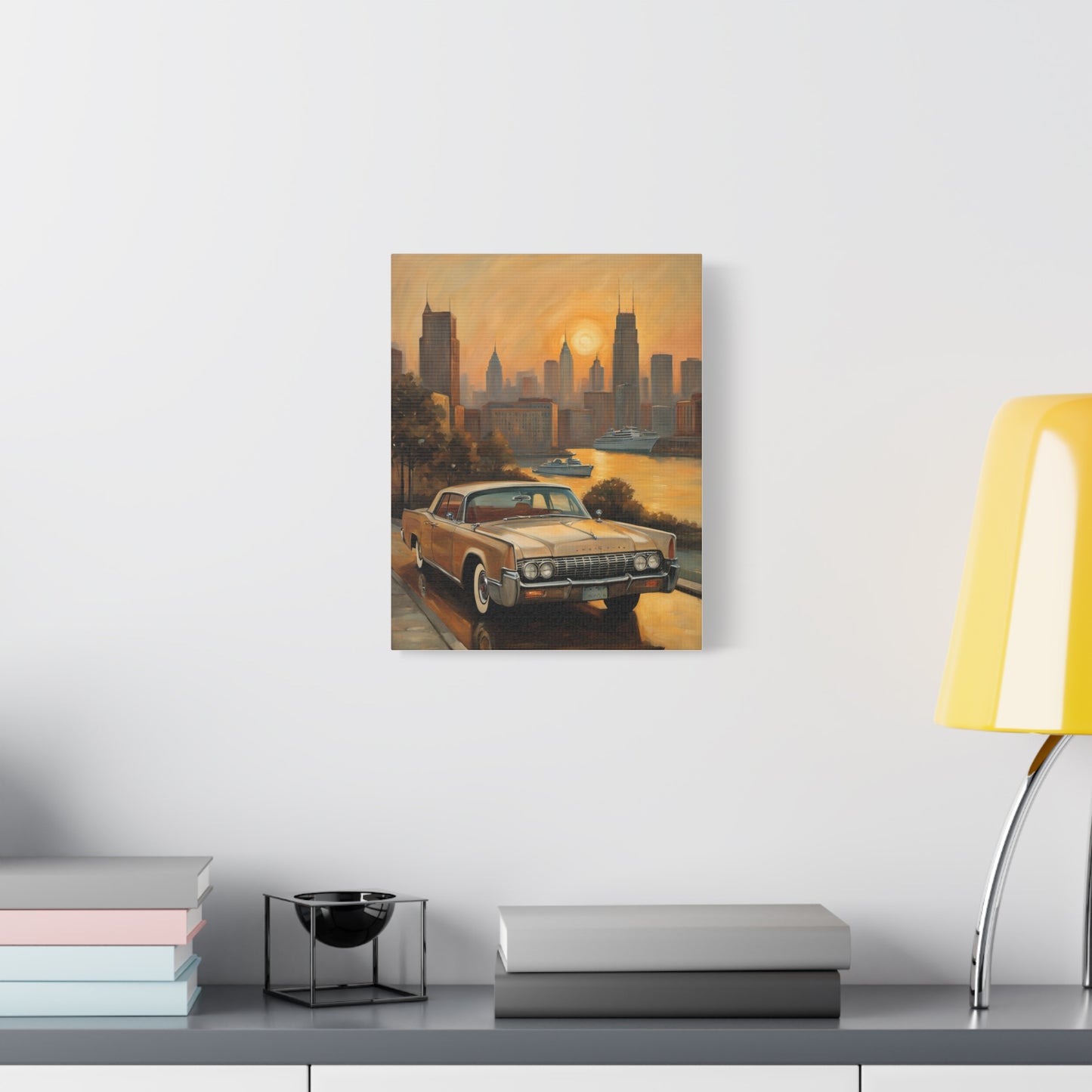 Retro Cityscape Canvas Art Print featuring a vintage car and skyline at sunset
