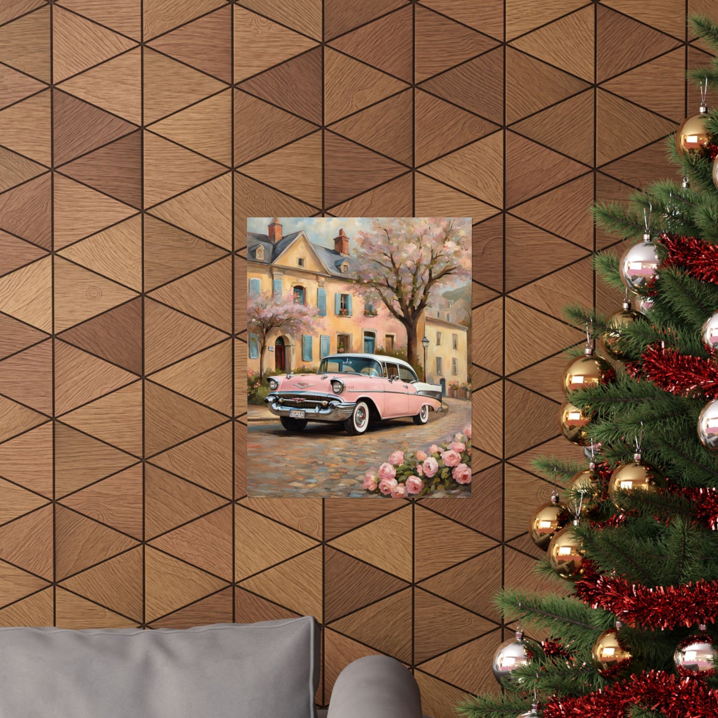 Charming retro floral poster for home featuring a vintage car near blooming trees and a cozy house