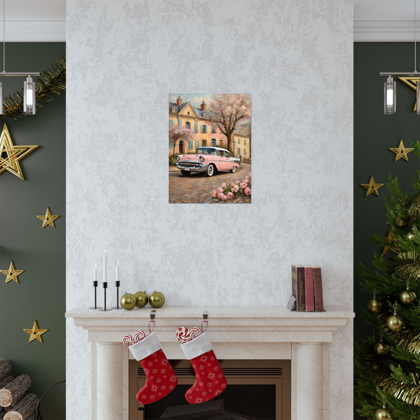 Retro floral poster for home featuring a vintage car in front of a charming house