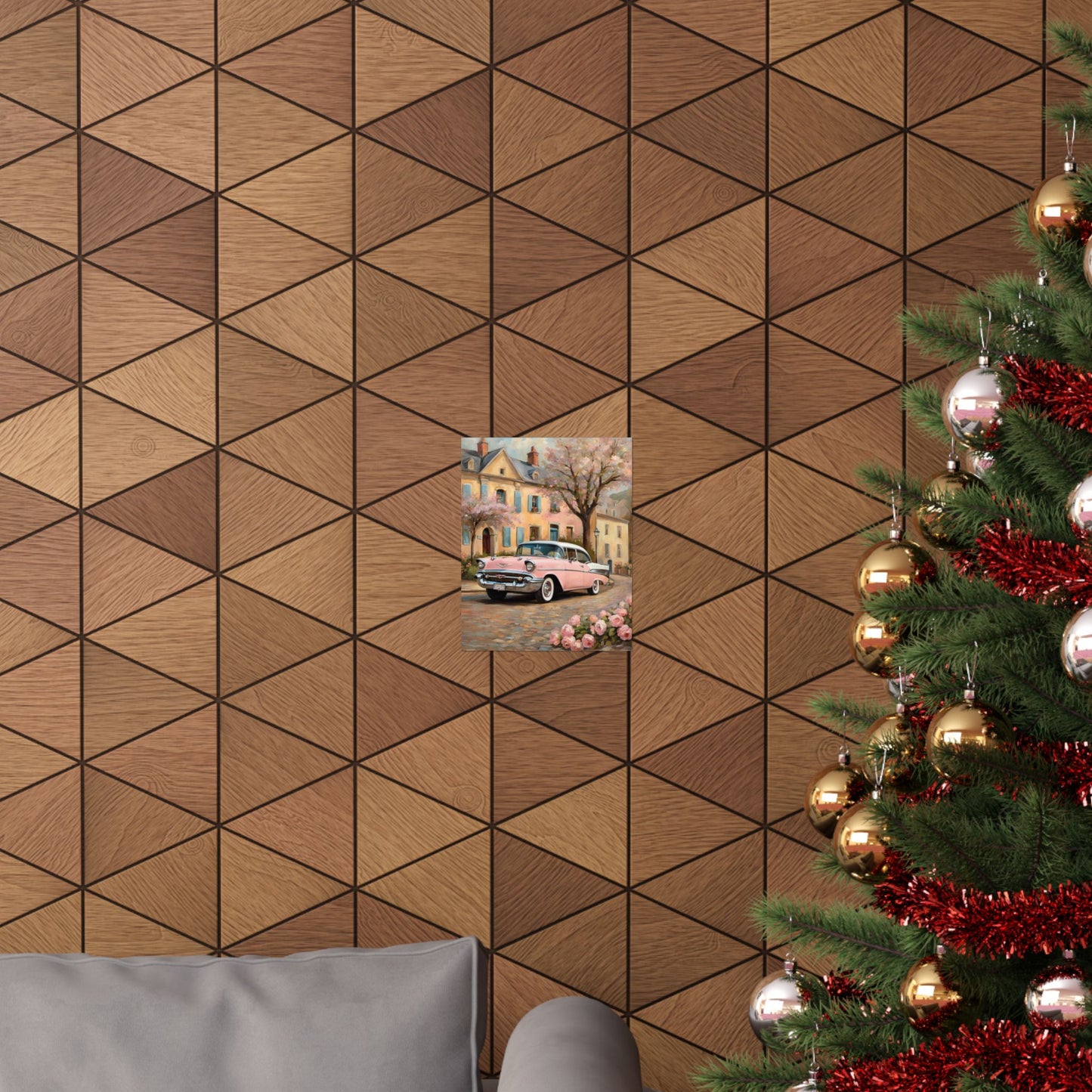 Retro floral poster for home displayed on a geometric patterned wall with a Christmas tree nearby