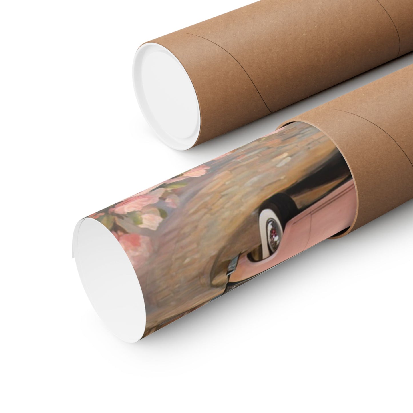 Rolled retro floral poster for home featuring vibrant flowers and vintage car design