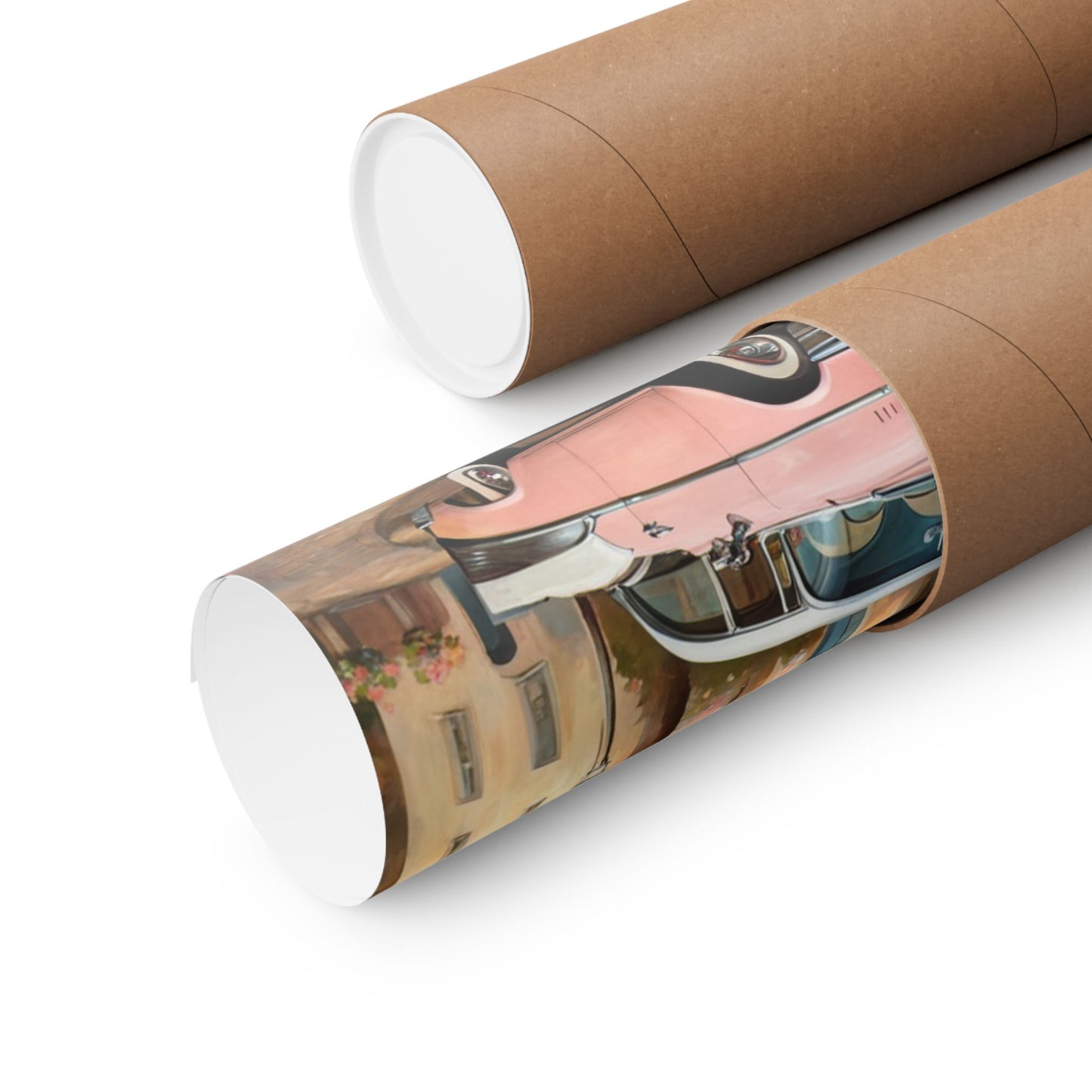 Retro floral poster for home displayed in a cylindrical cardboard tube for easy storage