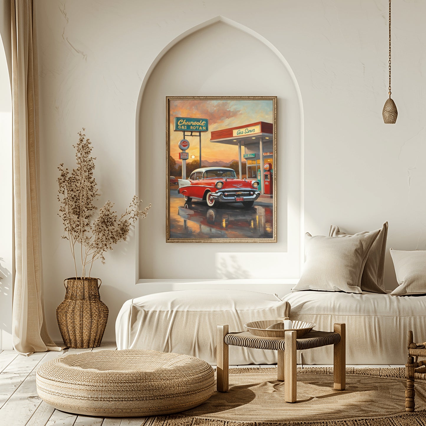 Retro gas station oil painting by AquilVision featuring a classic red car and vintage gas station scene