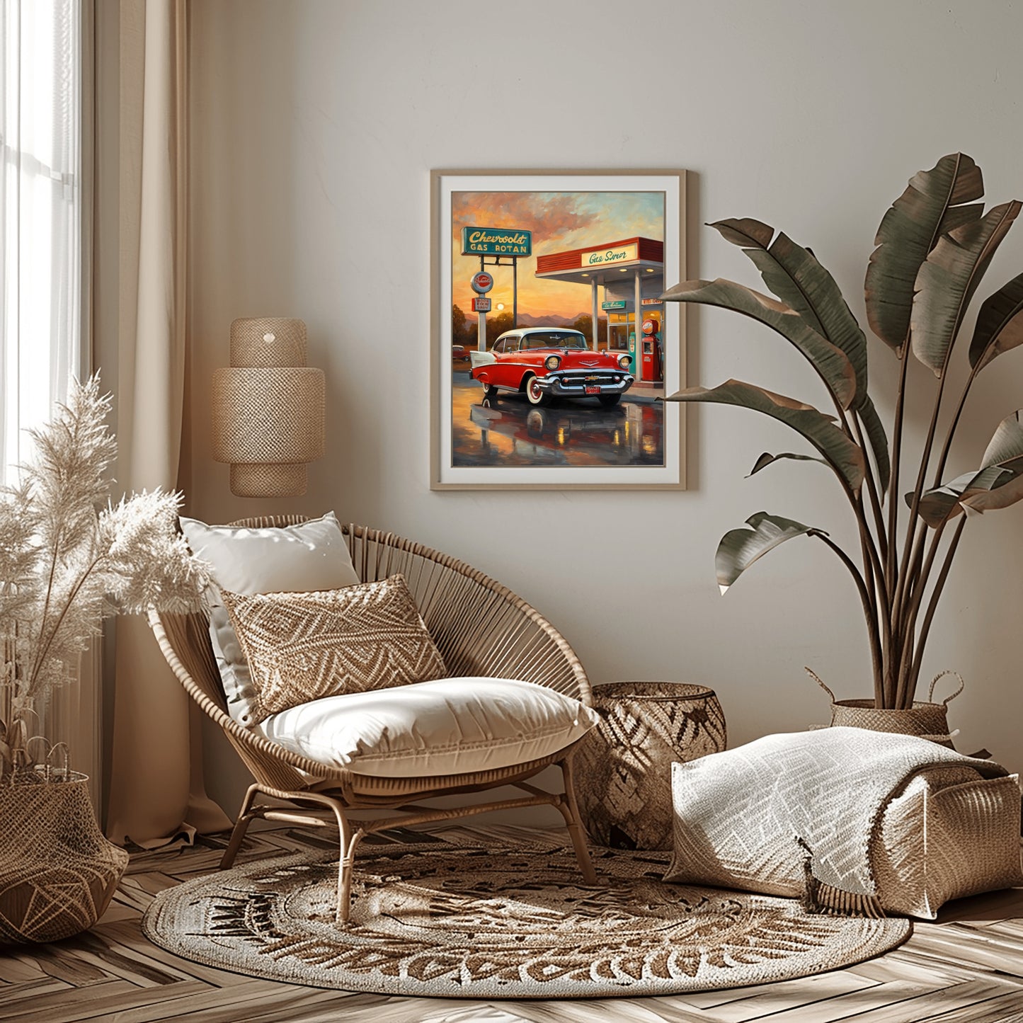 Retro gas station oil painting on wall above wicker chair in cozy boho living room