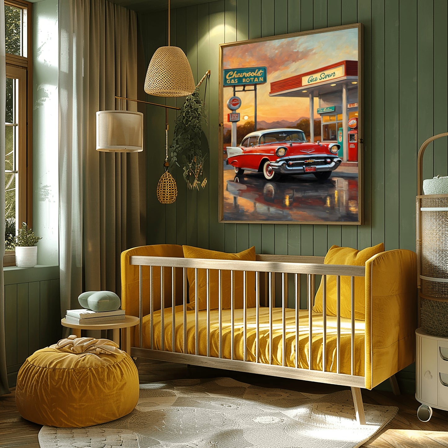 Retro gas station oil painting featuring a classic red car displayed above a mustard yellow crib in a cozy nursery