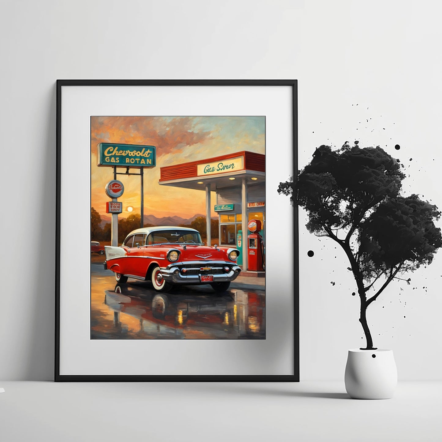 Retro gas station oil painting featuring classic car and vintage gas pumps by AquilVision