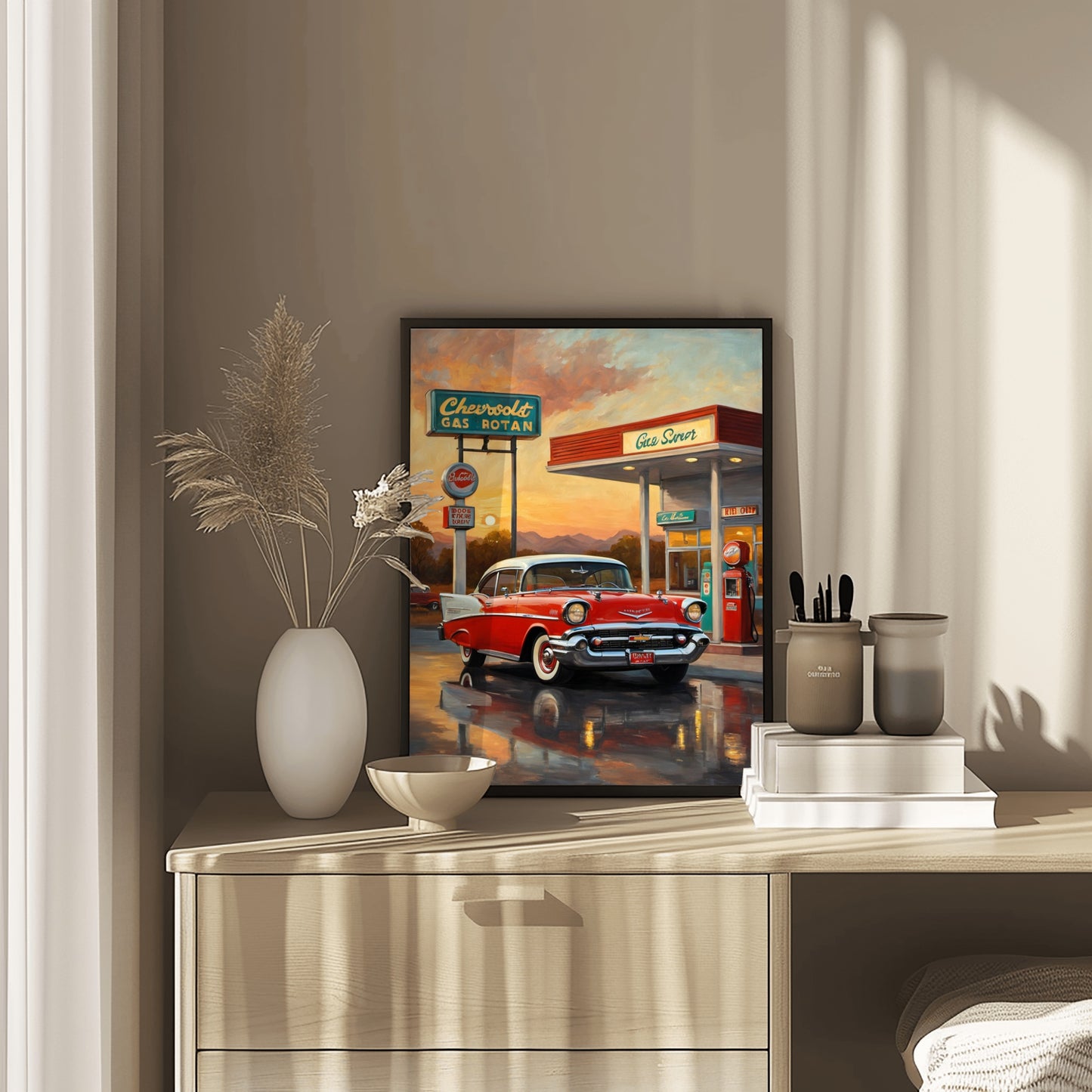 Retro gas station oil painting by AquilVision showing a classic car and vintage gas pumps in sunset