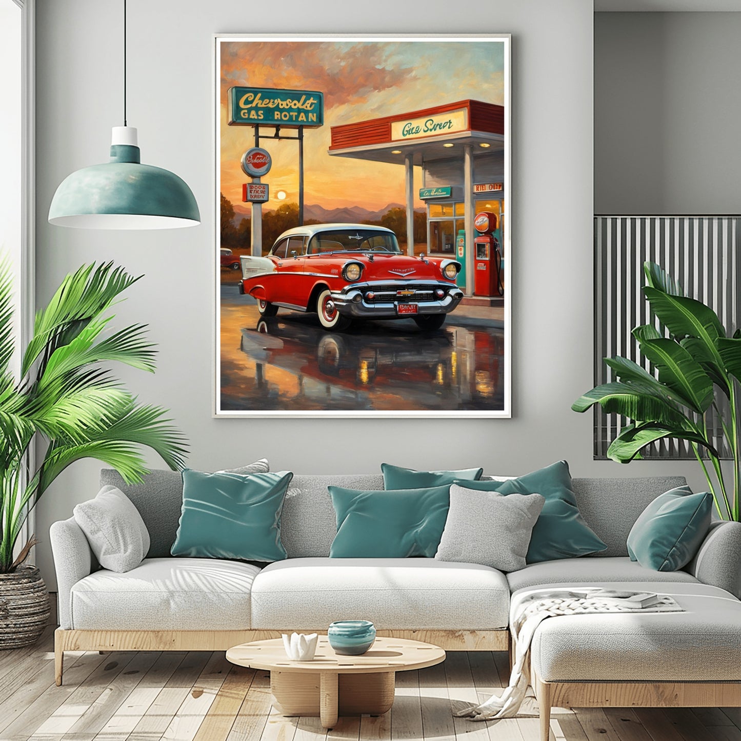 Framed retro gas station oil painting featuring a classic red car at sunset in modern living room