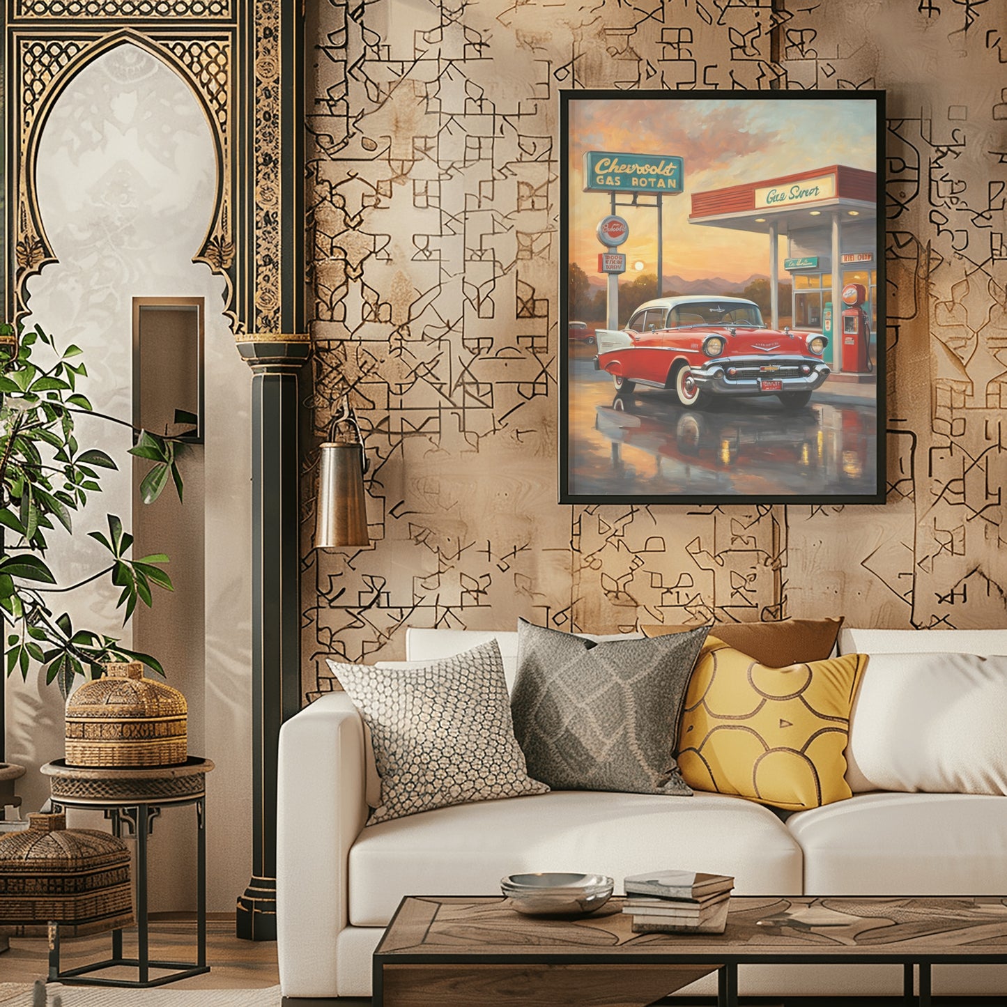 Retro gas station oil painting by AquilVision displayed in a stylish living room with sofa and decorative pillows