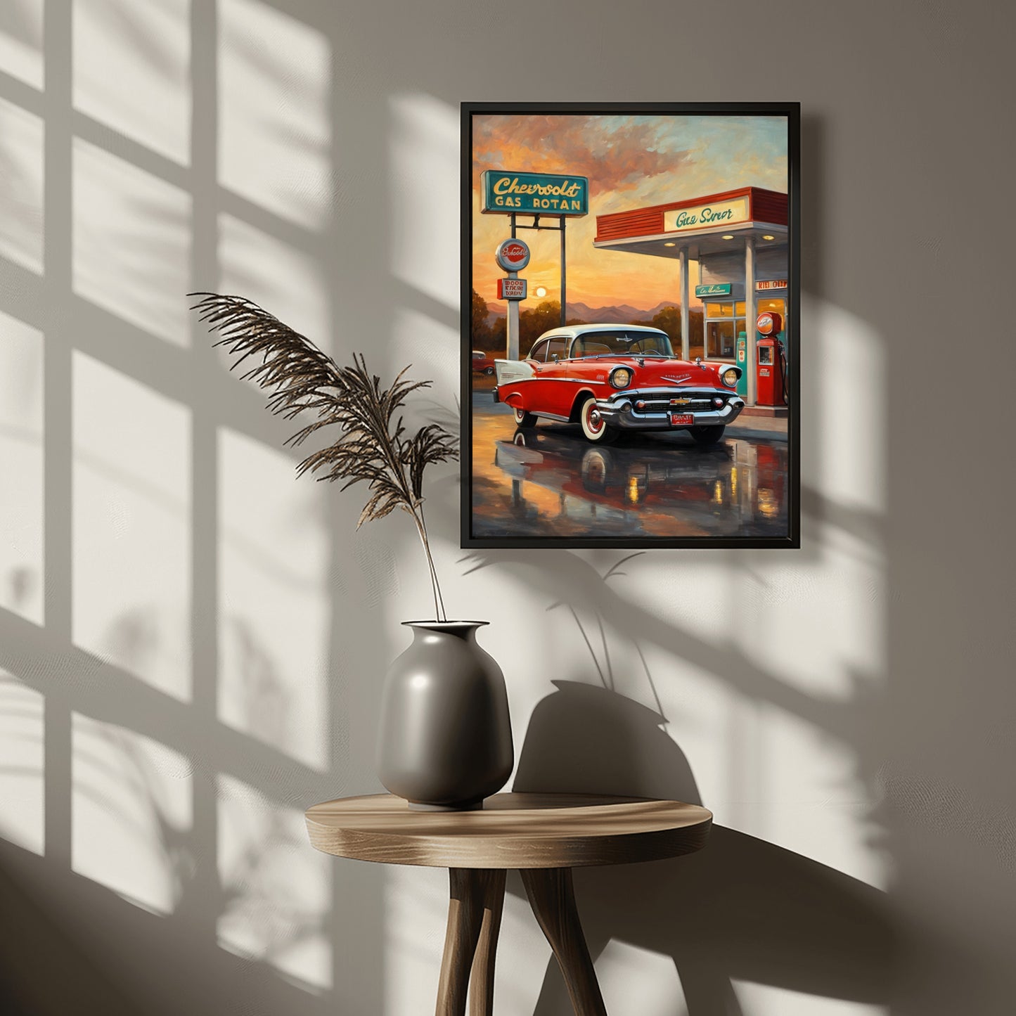 Retro gas station oil painting featuring a classic red car at a Chevrolet gas station in a vintage style