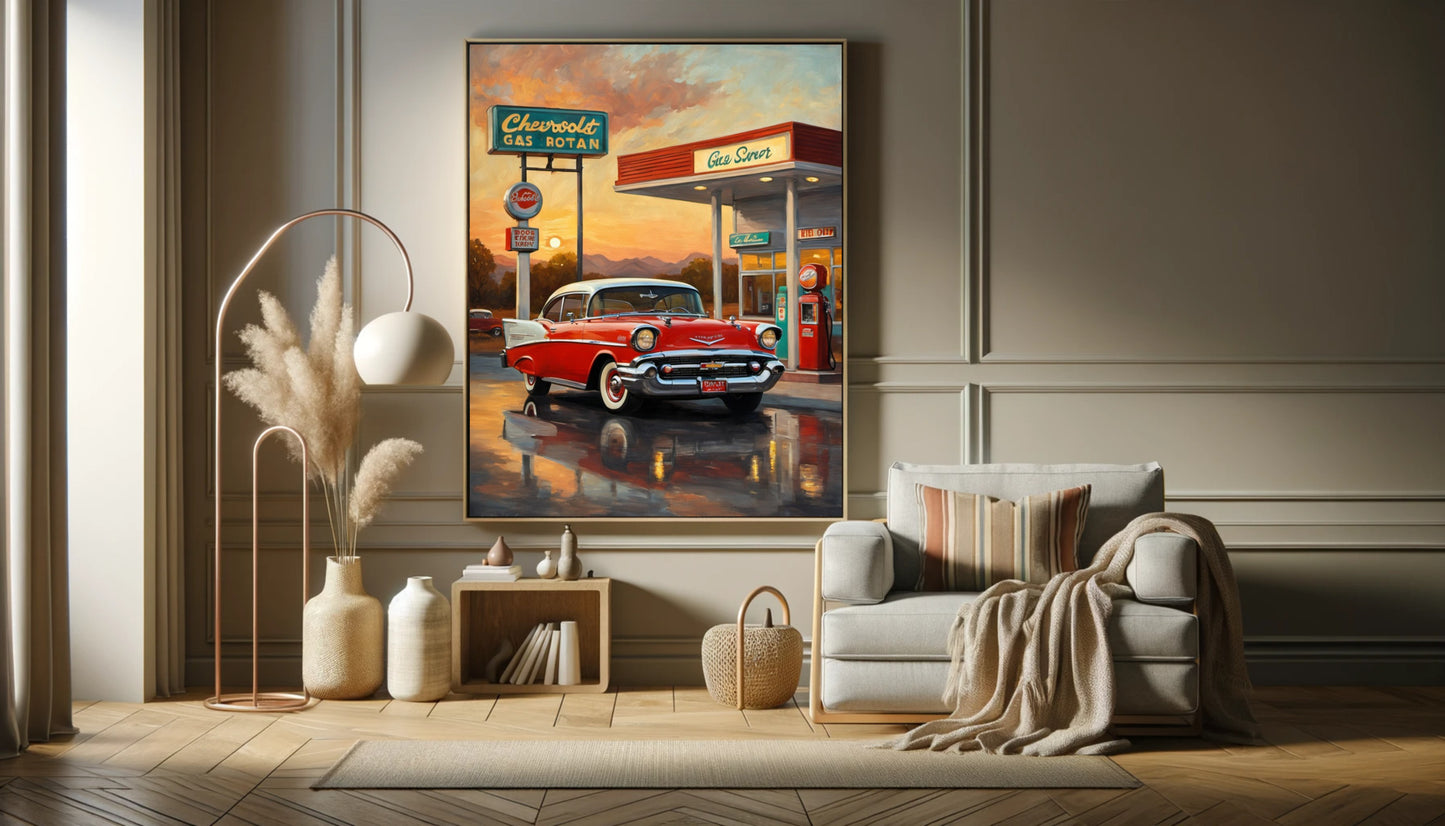 Retro gas station oil painting by AquilVision featuring a vintage red car at a classic gas station