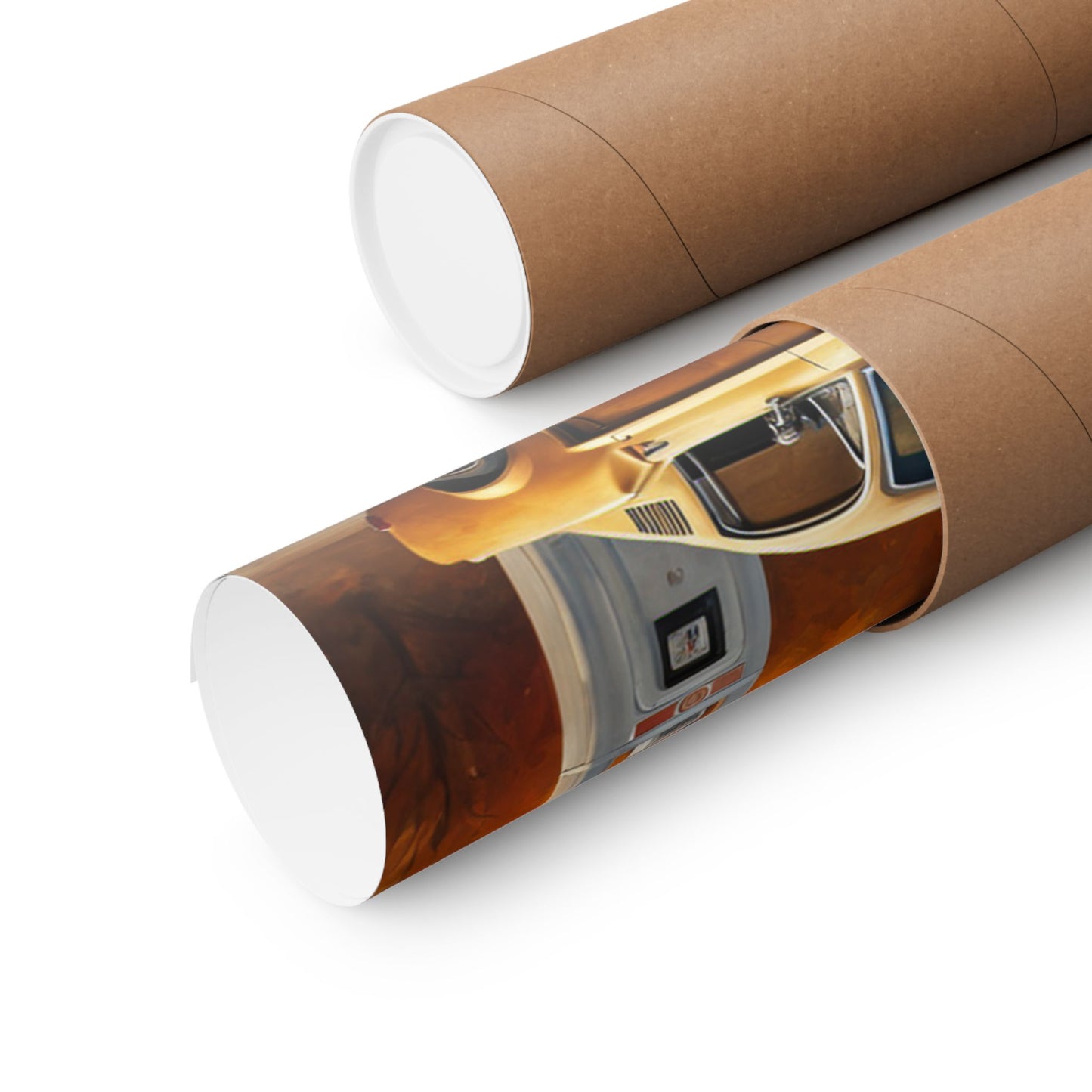 Retro gas station poster rolled up in a kraft paper tube for easy storage and transport