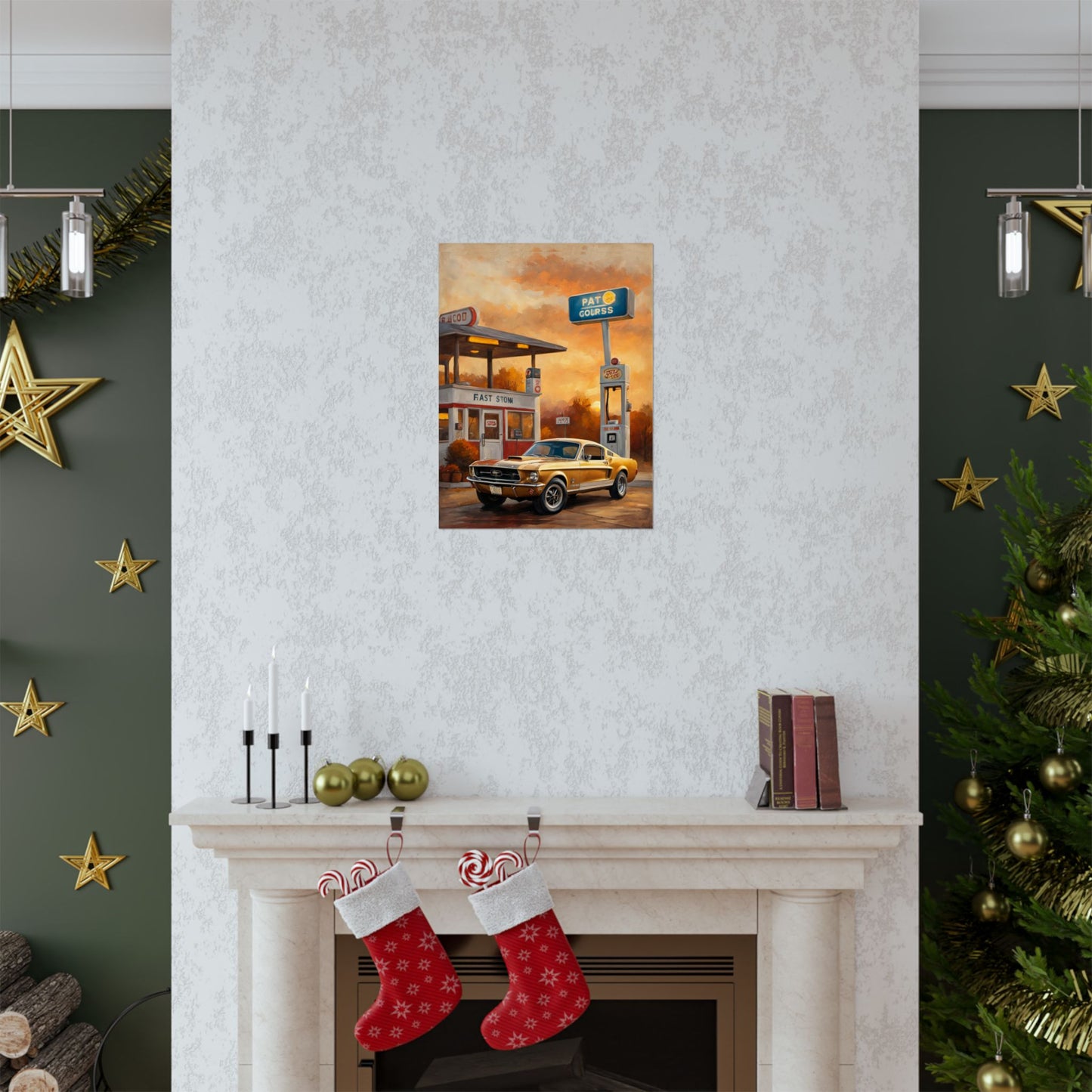 Vintage style retro gas station poster framed on a white wall above a cozy fireplace