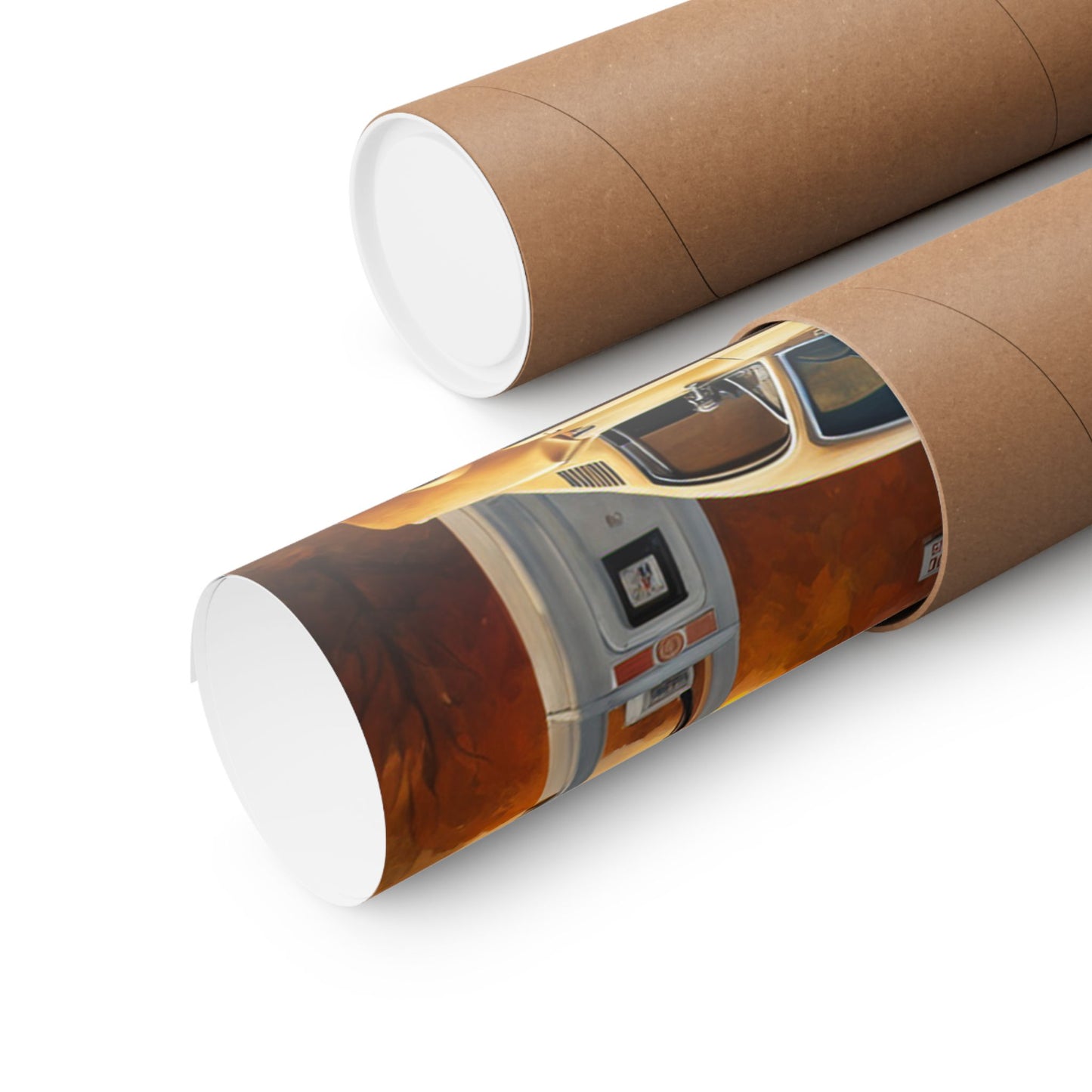 Retro gas station poster rolled in a protective tube for easy storage and display