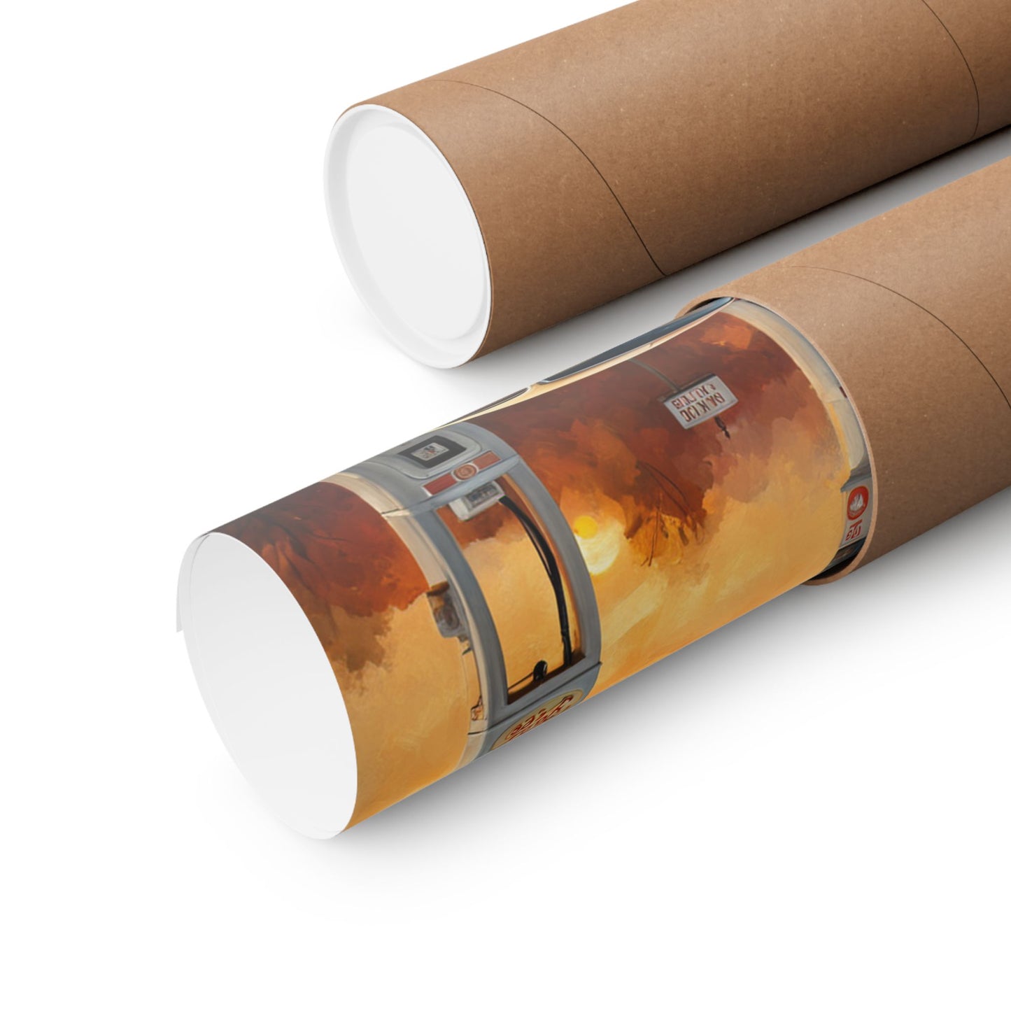 Retro gas station poster rolled in a protective tube, showcasing vintage style and design