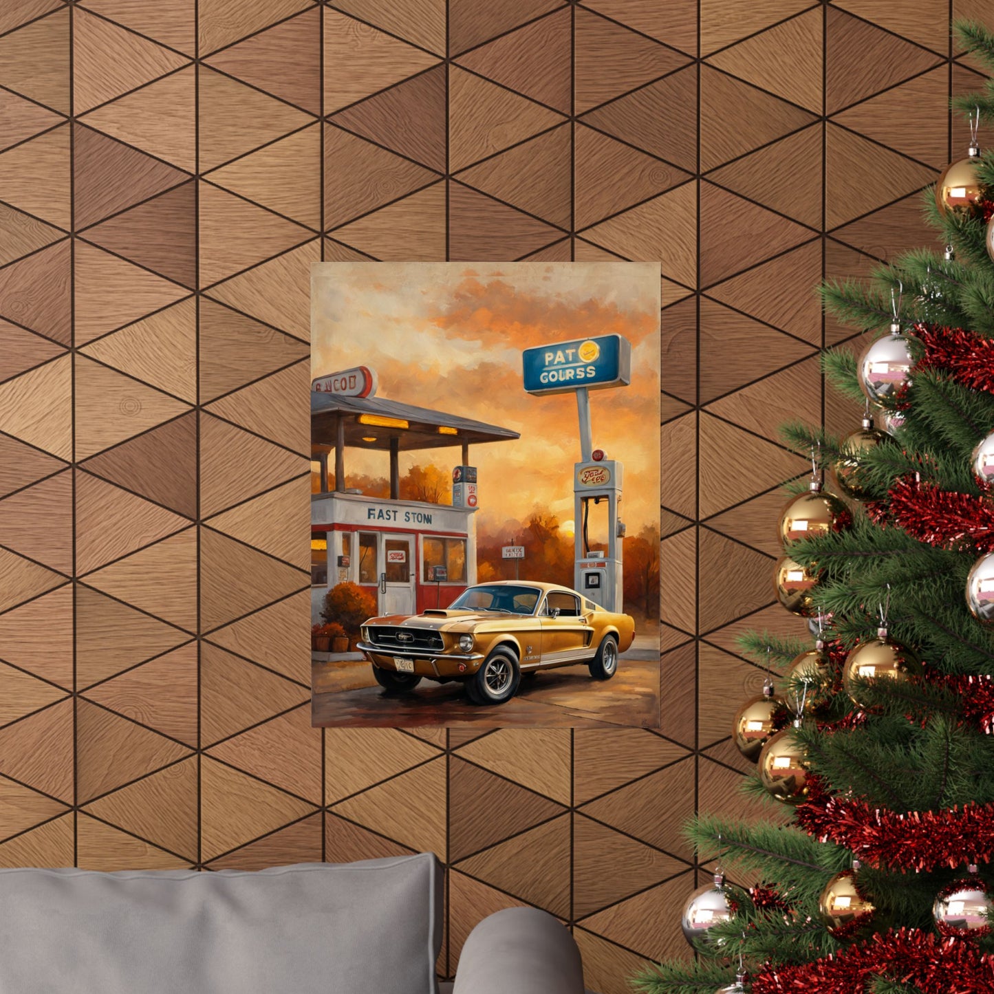 Retro gas station poster featuring a classic car and vintage architecture on a wooden wall