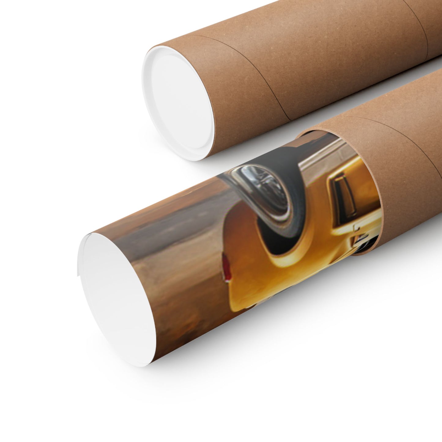 Retro gas station poster rolled up in a protective tube for easy storage and display