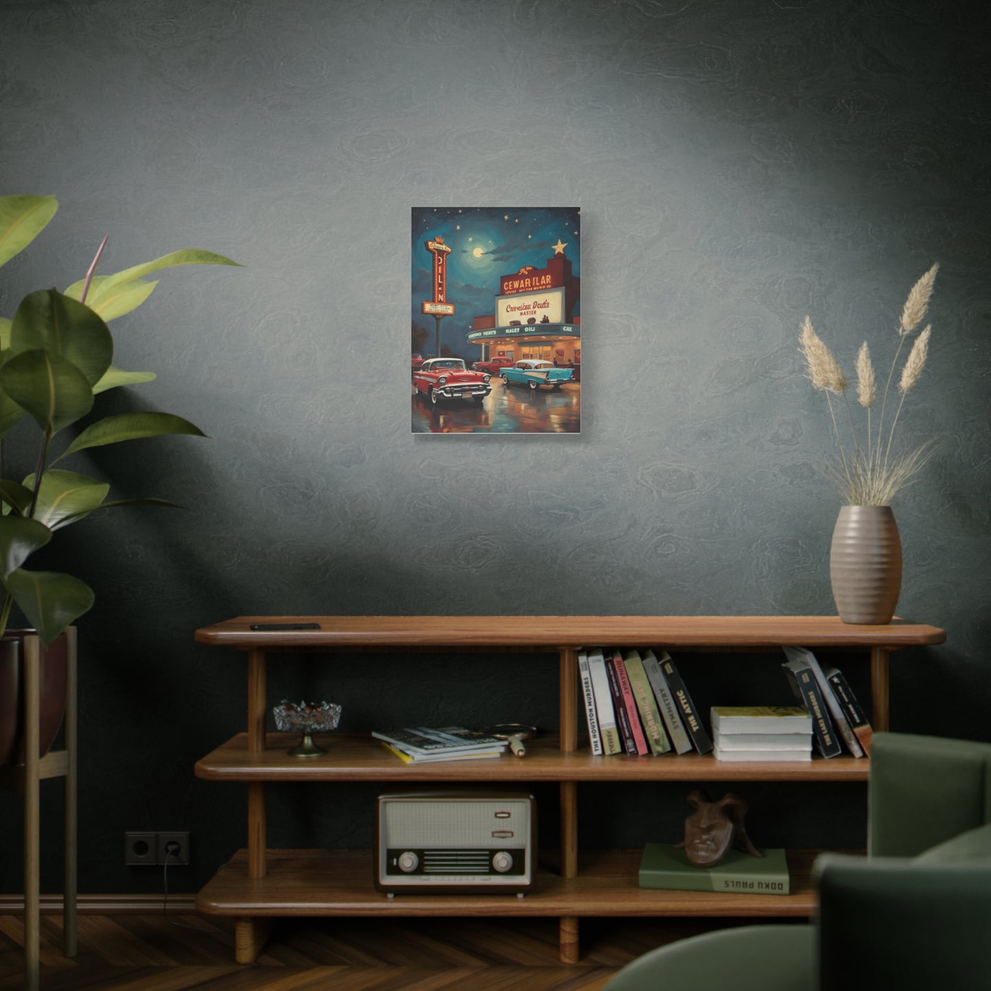 Retro movie theater canvas print featuring vintage cars and neon lights in a cozy living room setting